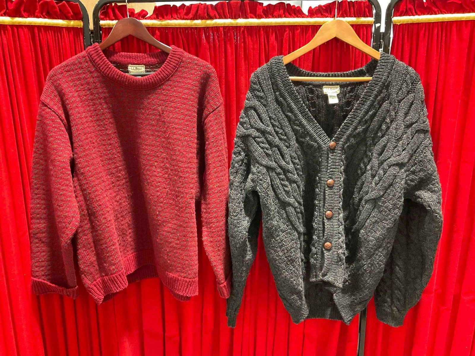 2 pcs Vintage L.L.Bean Men's Sweaters, 1x Gray Irish Wool & 1x Red Norwegian Wool Blend.: 2 pcs Vintage L.L.Bean Men's Sweaters, 1x Gray Irish Wool Style OMQO3 & 1x Red Norwegian Wool Blend Style 01751. Norwegian is 80% wool and 20% rayon, size L. Irish wool is size Men's regular,