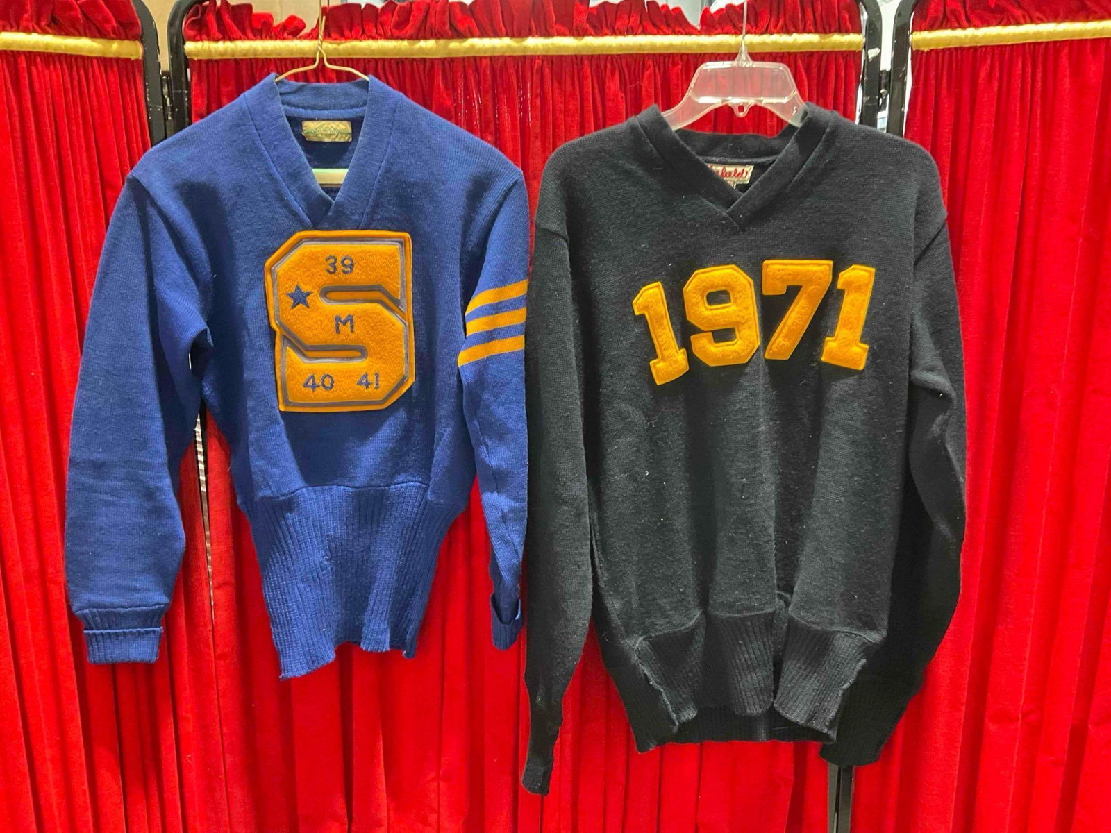 2 pcs Vintage Wool Varsity Sweaters, Years 1939-1941 & 1971. Good Condition. See pics.: 2 pcs Vintage Wool Varsity Sweaters, Years 1939-1941 & 1971. Good Condition. No sizes given, blue measures 17" shoulders, 16" chest and 26" body. Black measures 19" shoulders x 20" chest x 28"