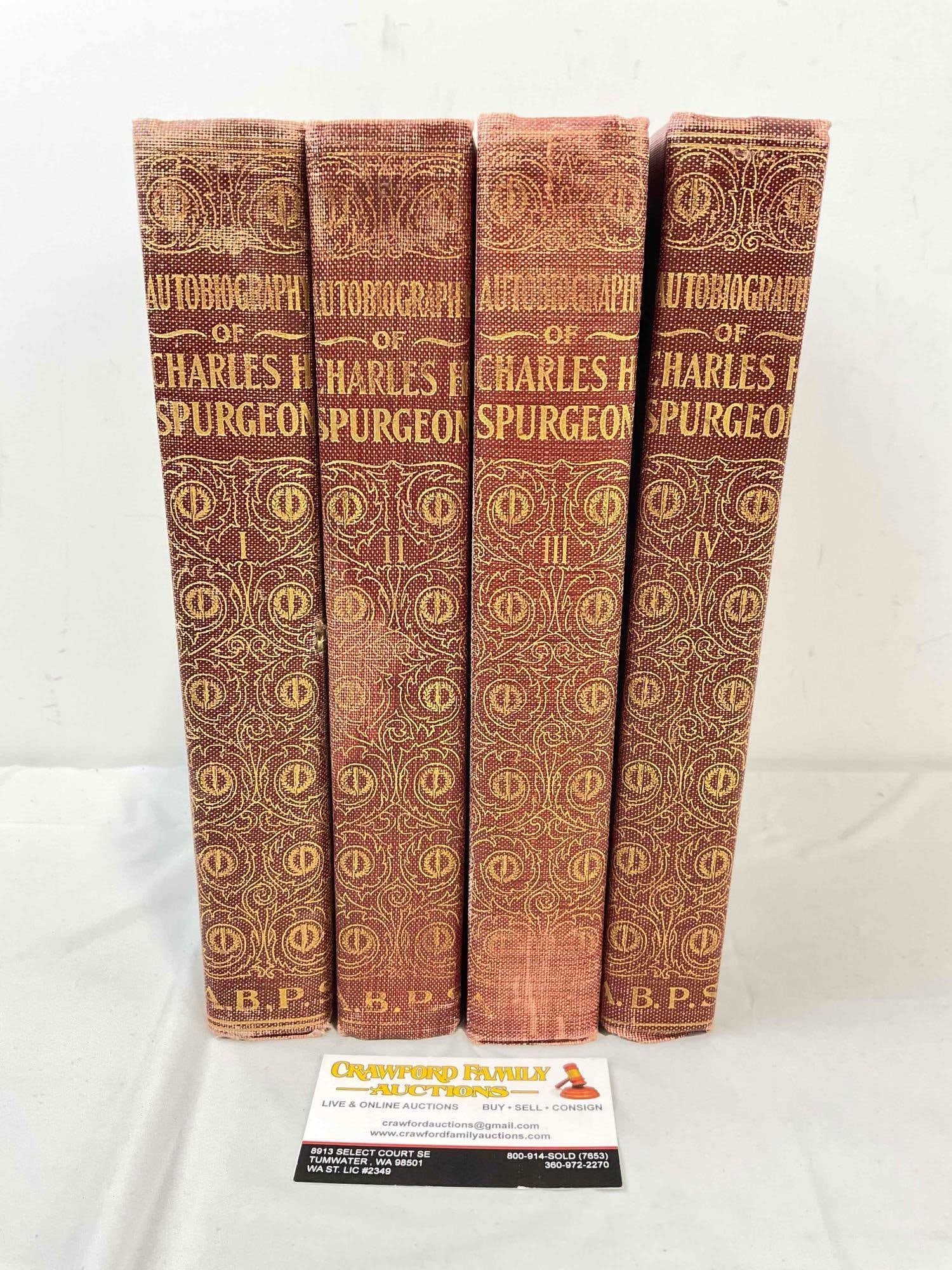 4 pcs Vintage Hardcover Books "The Autobiography of Charles H. Spurgeon" Volumes 1-4.: 4 pcs Vintage Hardcover Books "The Autobiography of Charles H. Spurgeon" Volumes 1-4. Unknown publication date, estimated 1940s. Pieces have wear indicative of age and use, otherwise looks to be in