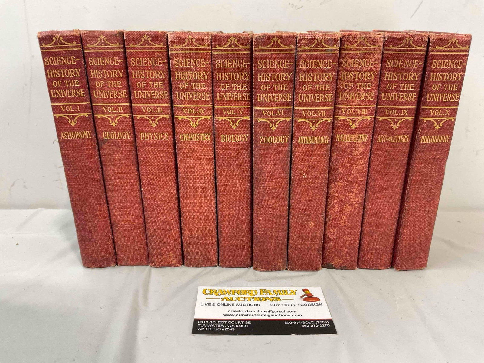 10 pcs Antique Hardcover Books "Science-History of the Universe" Vol. 1-10. Fair Condition.: 10 pcs Antique Hardcover Books "Science-History of the Universe" Vol. 1-10. Fair Condition. Pieces have wear indicative of age and use, otherwise looks to be in fair condition. Copyright 1909.