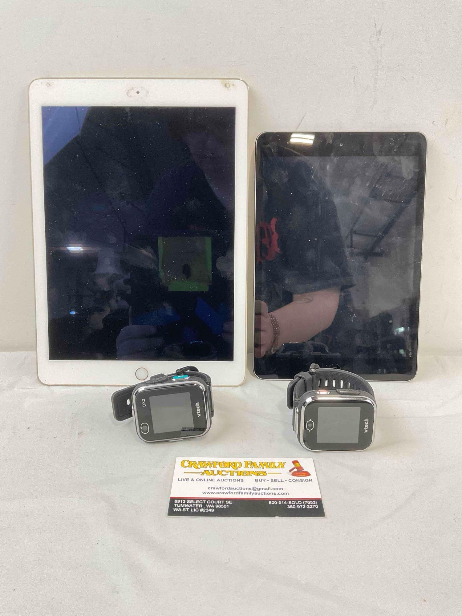 4 pcs Electronics, incl. 2x Apple iPads & 2x VTech SmartWatches. Untested, As Is Condition.: 4 pcs Electronics, incl. 2x Apple iPads w/ Cases & 2x VTech SmartWatches. Untested, As Is Condition. Currently inoperable, iPads have no login codes, sold as is for parts. Apple models are A1566 i