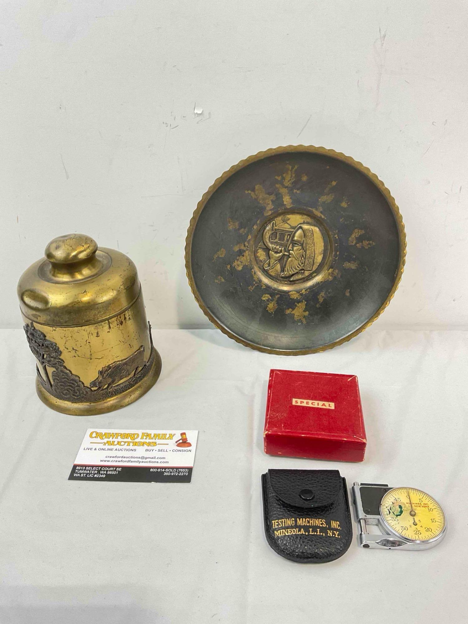 3 pcs Vintage Collectibles, incl. Brass Lidded Jar, Decorative Plate & Micrometer Gauge. (1 of 11)