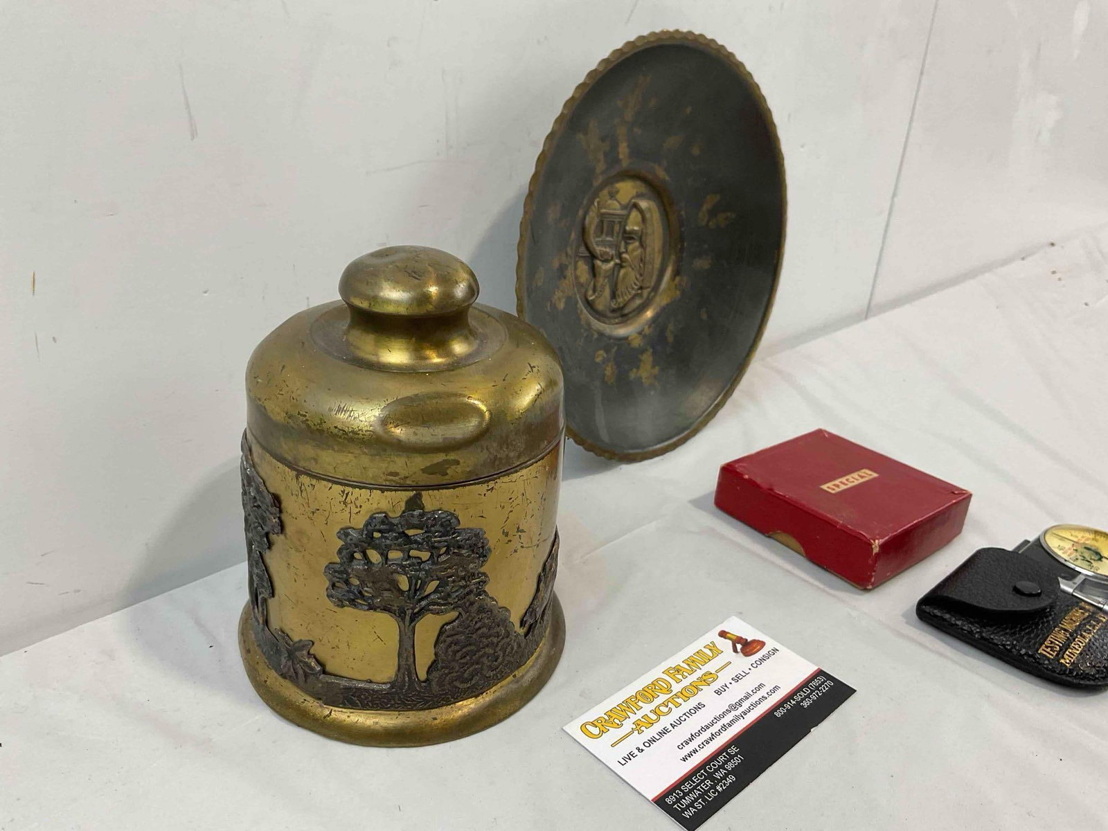 3 pcs Vintage Collectibles, incl. Brass Lidded Jar, Decorative Plate & Micrometer Gauge. - 3