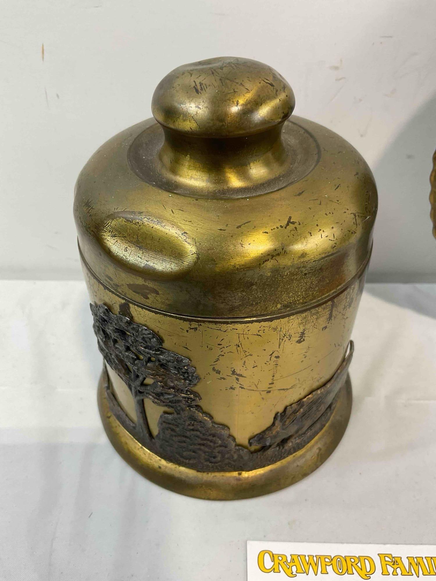 3 pcs Vintage Collectibles, incl. Brass Lidded Jar, Decorative Plate & Micrometer Gauge. - 4