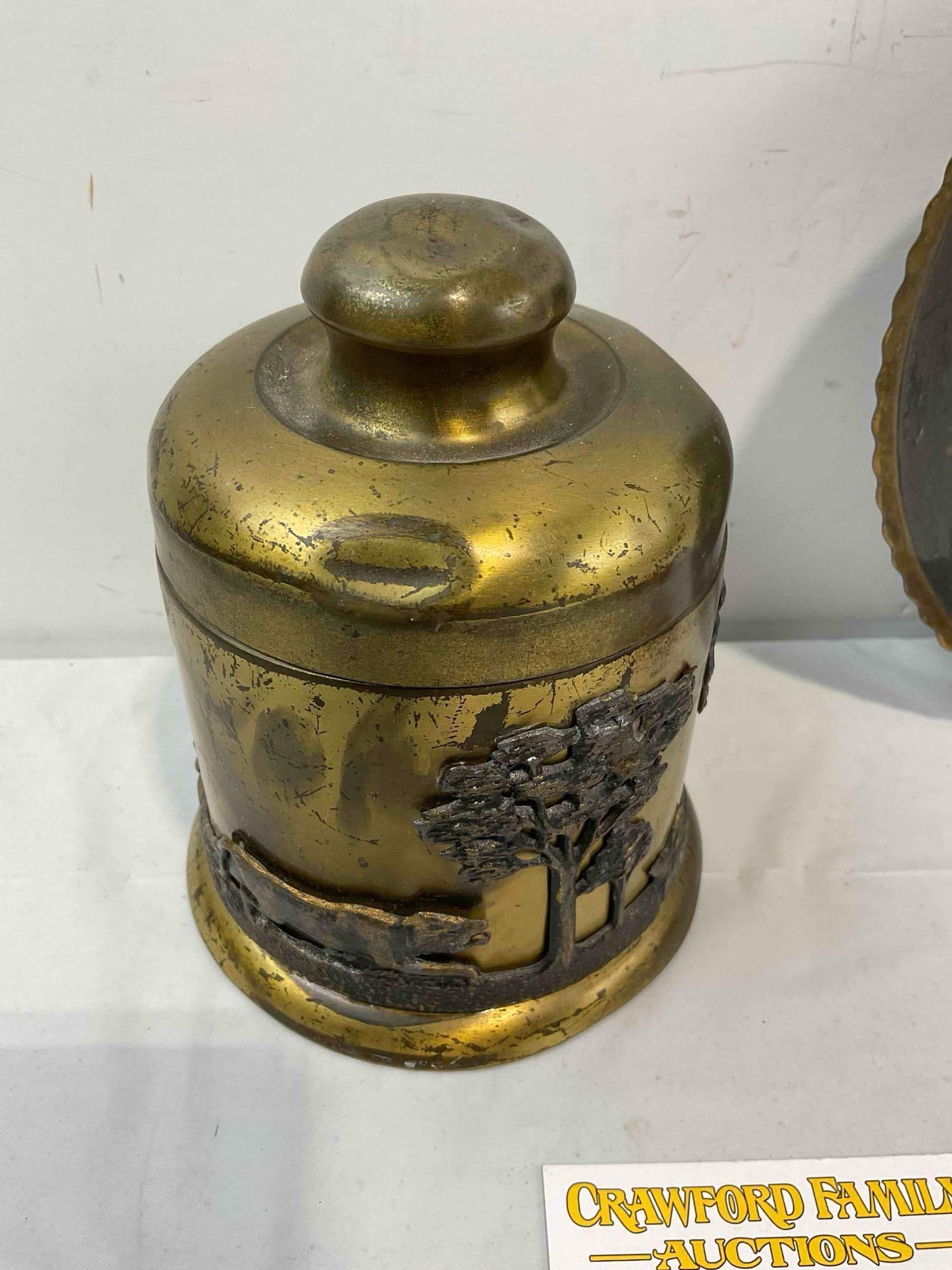 3 pcs Vintage Collectibles, incl. Brass Lidded Jar, Decorative Plate & Micrometer Gauge. - 5