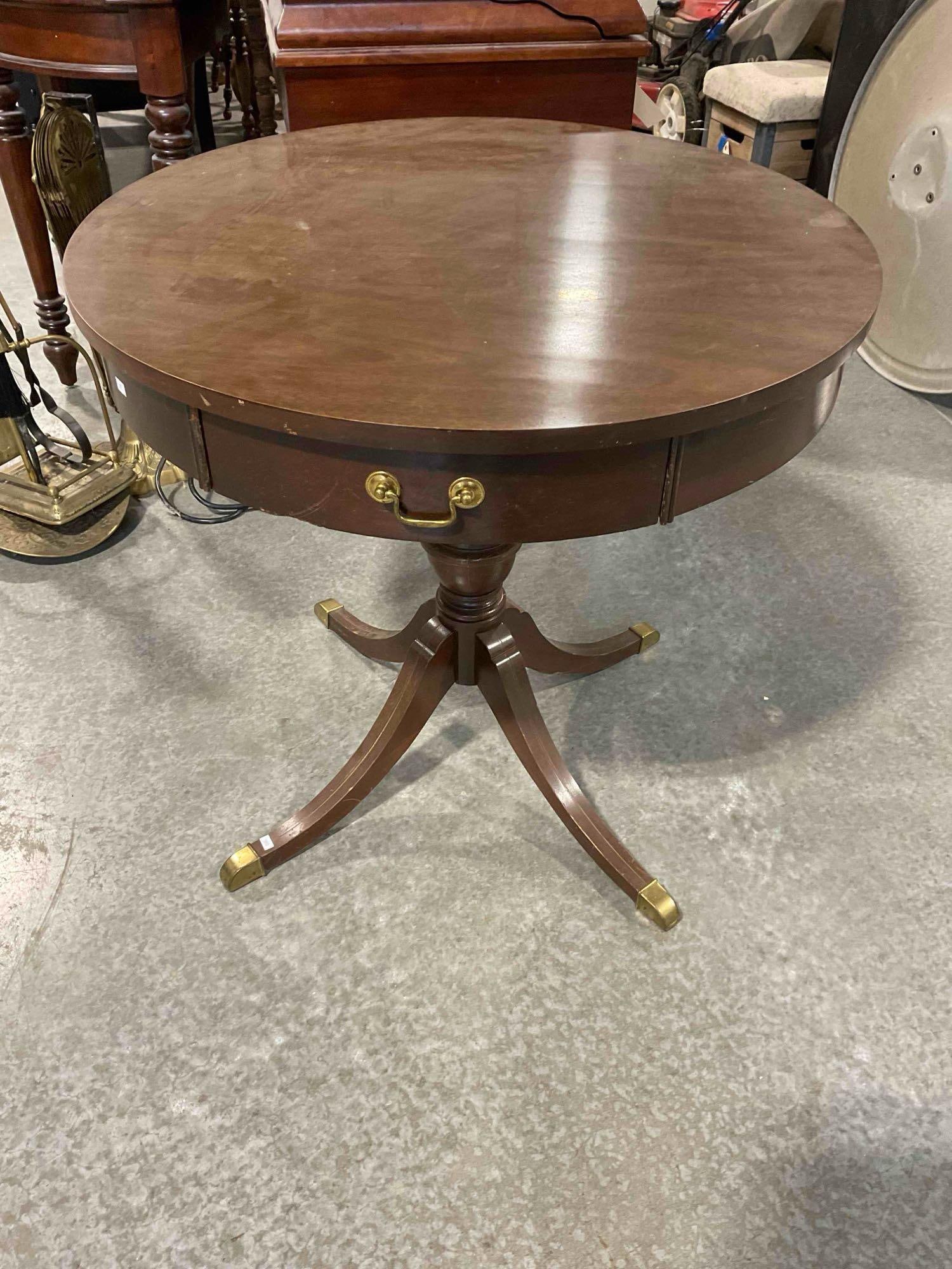 Vintage Mersman Mahogany Veneer Round Drum Table w/ Drawer. Fair Condition. See pics.: Vintage Mersman Mahogany Veneer Round Drum Table w/ Drawer. Fair Condition. Legs have been previously repaired, care should be taken, piece has wear indicative of age and use, otherwise looks to be in