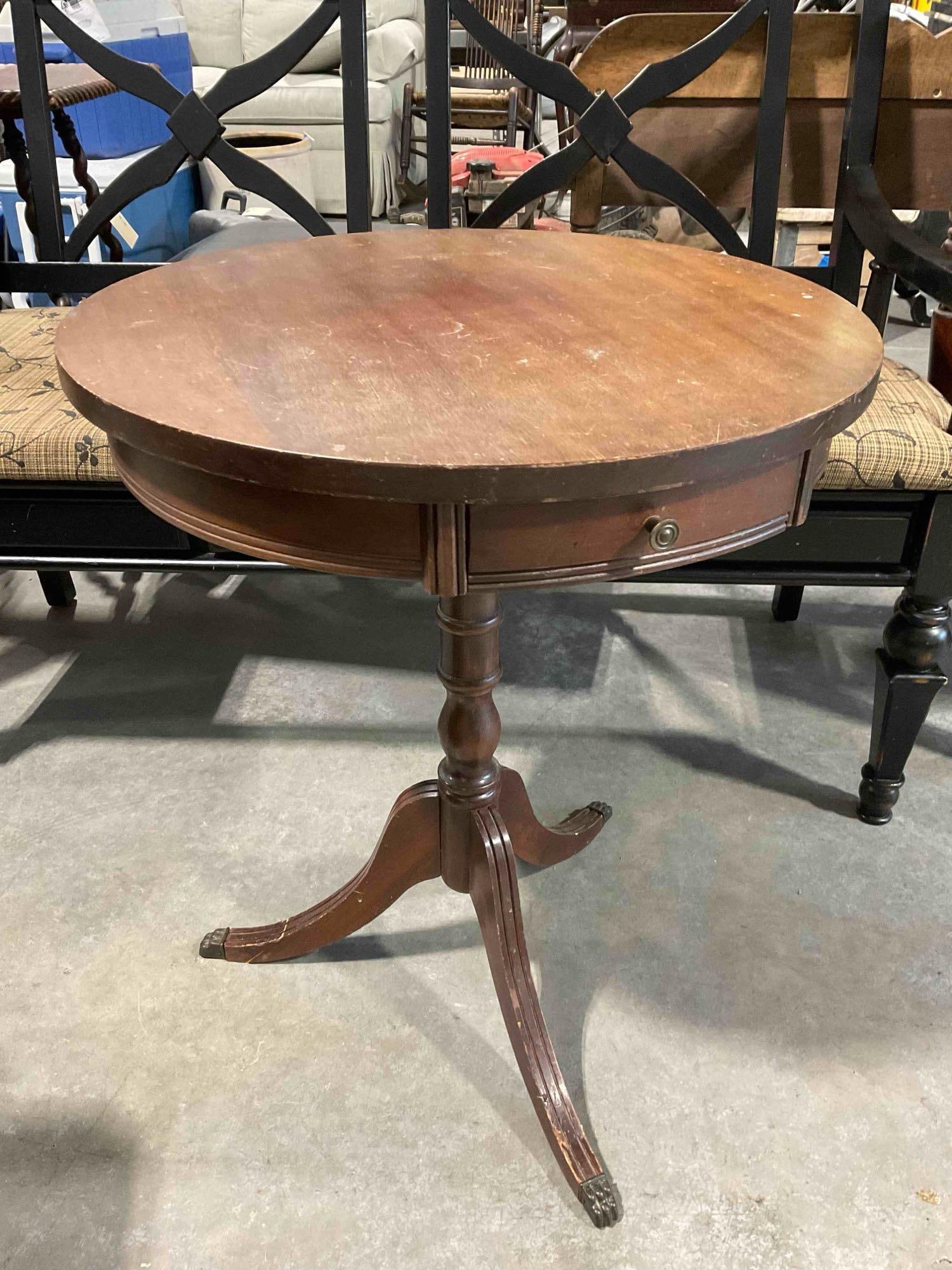 Vintage Mahogany Wood Round Drum Side Table w/ Drawer. Fair Condition. See pics. (1 of 5)
