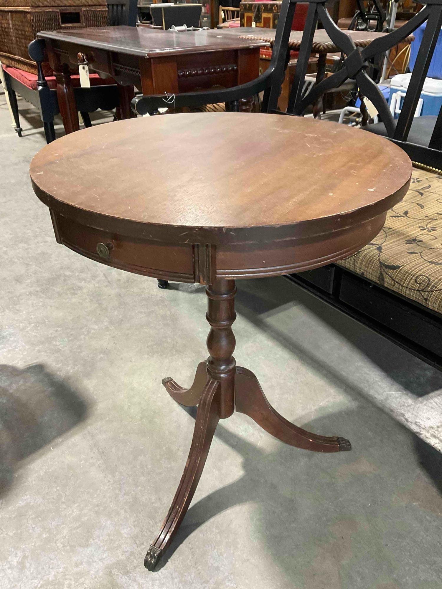 Vintage Mahogany Wood Round Drum Side Table w/ Drawer. Fair Condition. See pics. - 2