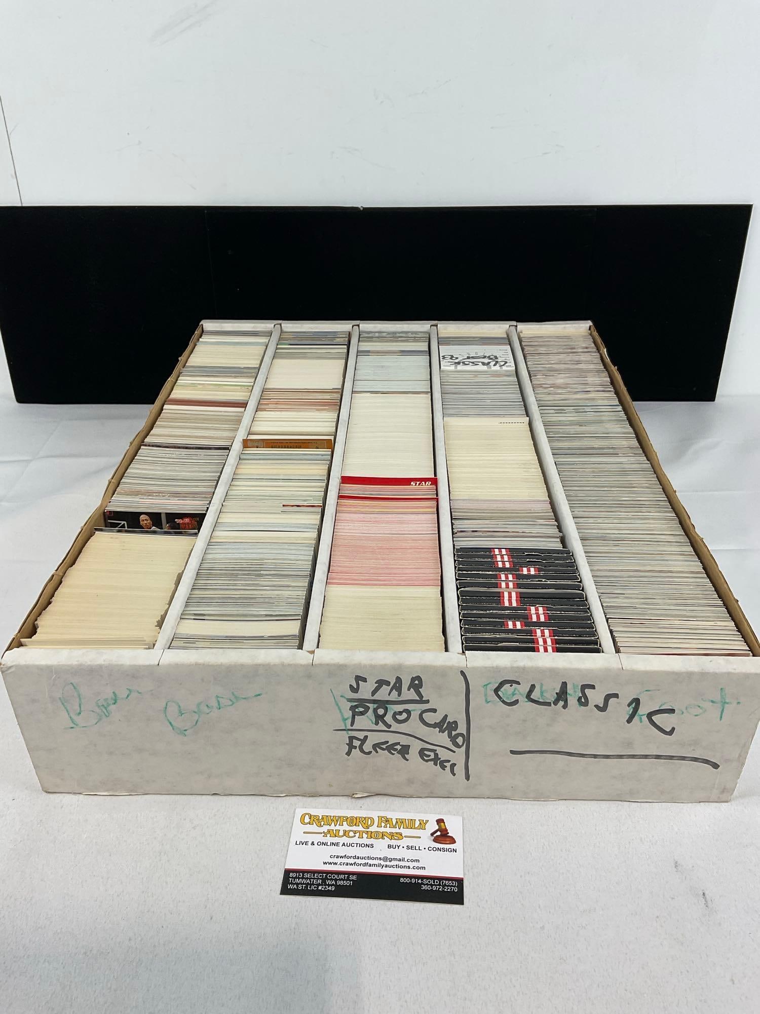 Box of Vintage 5k Sports Cards, 90s Variety of Sports, Star, Pro Card, Skybox, Fleer Ultra & Clas...: Large box of sports cards, unresearched, and all from the same collection. Appears to be in good shape. The piece measures approx 5h x 19w x 16d inches. See pics. E-5940