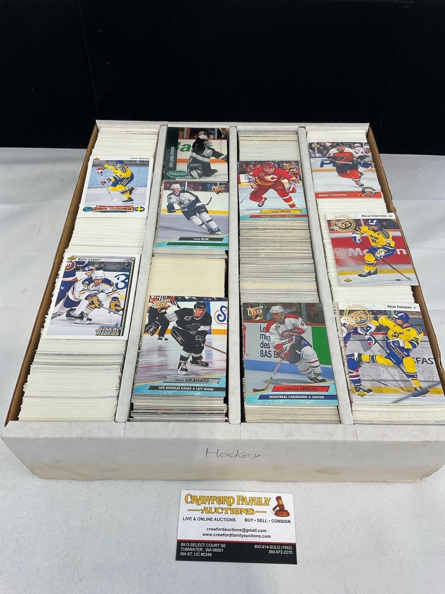 Box of Vintage 5k Sports Cards, Hockey, 1993 Upper Deck & Fleer Ultra: Large box of sports cards, unresearched, and all from the same collection. Appears to be in good shape. The piece measures approx 5h x 19w x 16d inches. See pics. E-5940