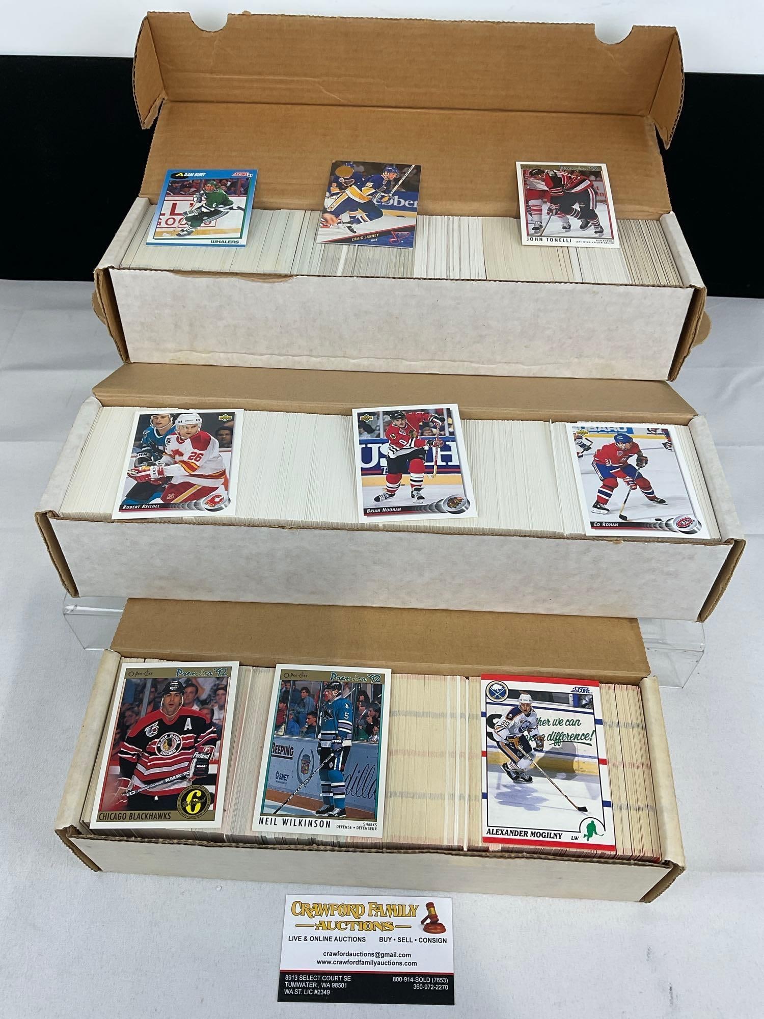 Vintage 2750+ Sports Cards, Hockey, O-Pee-Chee, Score & more: Several boxes of sports cards, unresearched, and all from the same collection. Appears to be in good shape. The piece measures approx 5h x 19w x 16d inches. See pics. E-5940