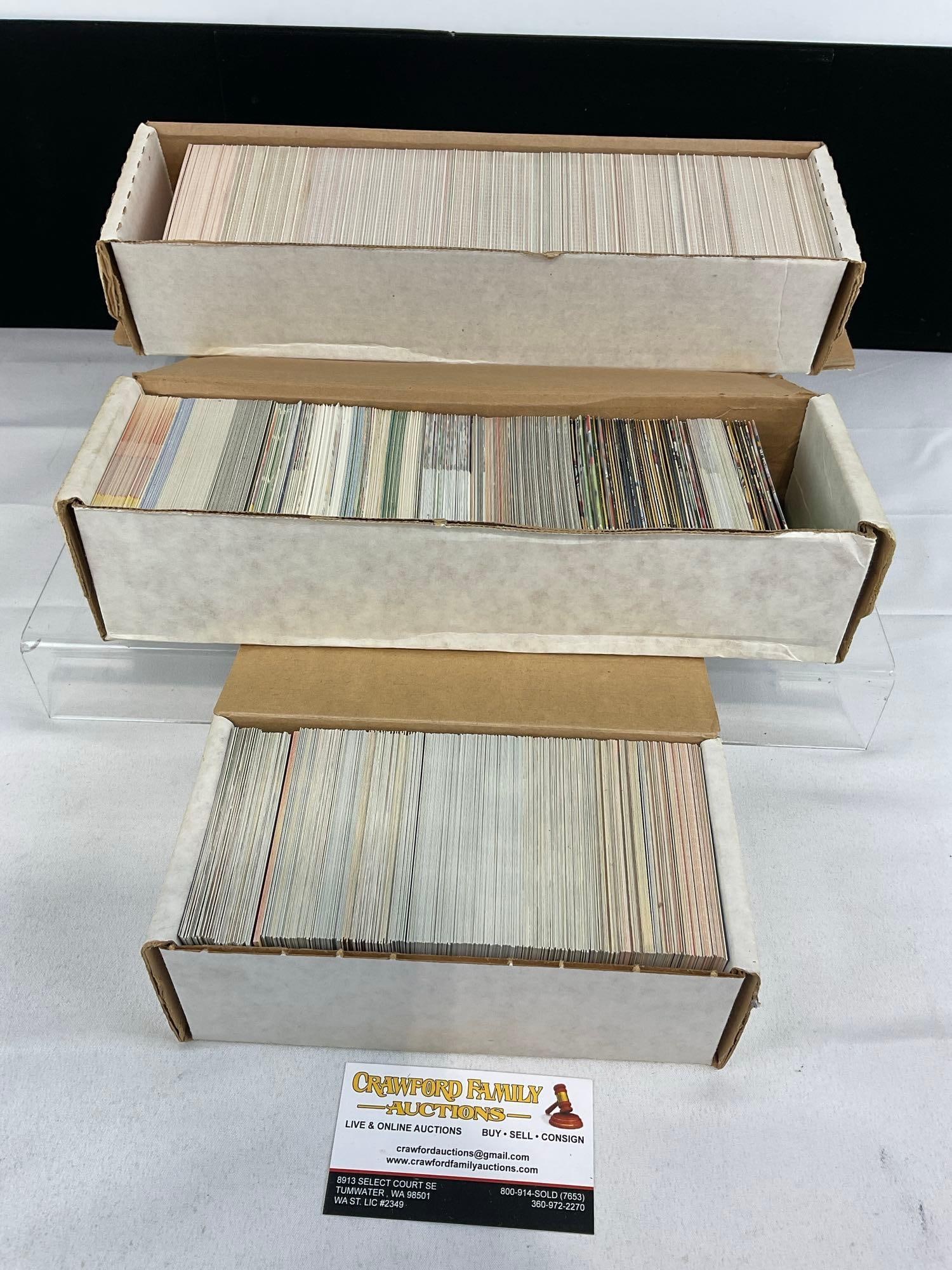 Vintage 2500+ Sports Cards, Football, Pinnacle, Wild Card, Classic & NFL Pro & more: Several boxes of sports cards, unresearched, and all from the same collection. Appears to be in good shape. The piece measures approx 5h x 19w x 16d inches. See pics. E-5940