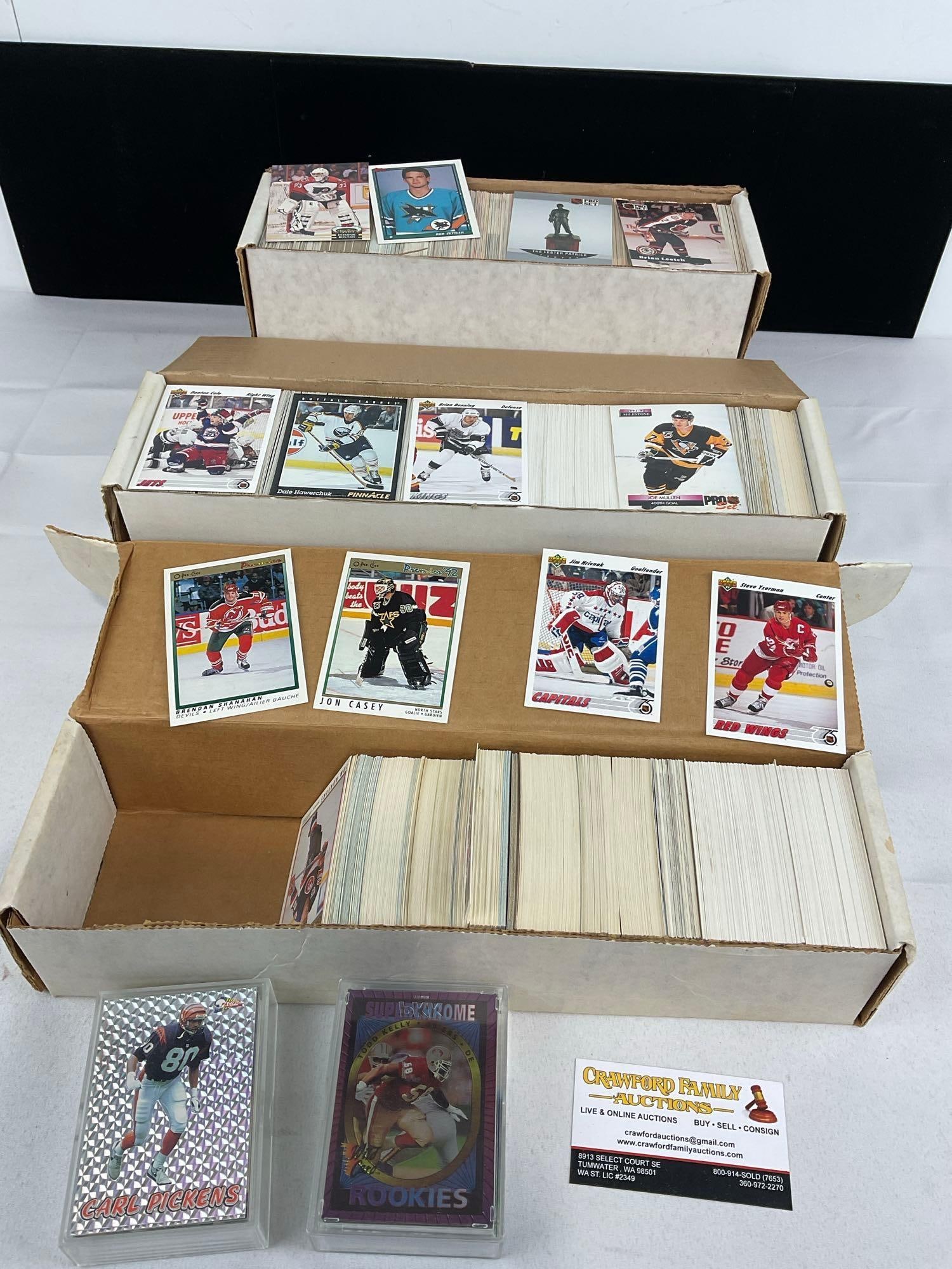 Vintage 3500+ Sports Cards, Hockey, O-Pee-Chee, & Upper Deck, & more: Several boxes of sports cards, unresearched, and all from the same collection. Appears to be in good shape. The piece measures approx 5h x 19w x 16d inches. See pics. E-5940