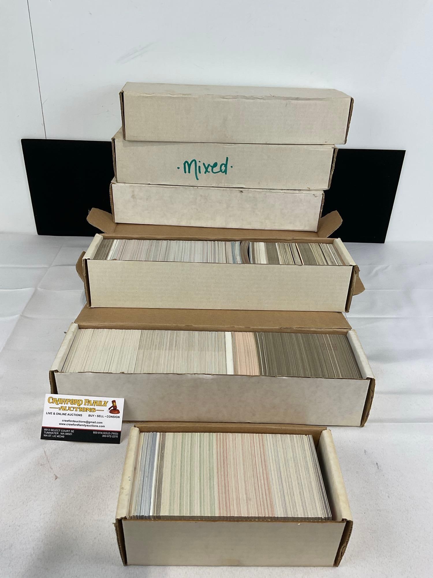 Vintage 3500+ Sports Cards, Football, Soccer, & Baseball, Skybox, Topps, Score 91, NFL Pro & more: Several boxes of sports cards, unresearched, and all from the same collection. Appears to be in good shape. The piece measures approx 5h x 19w x 16d inches. See pics. E-5940