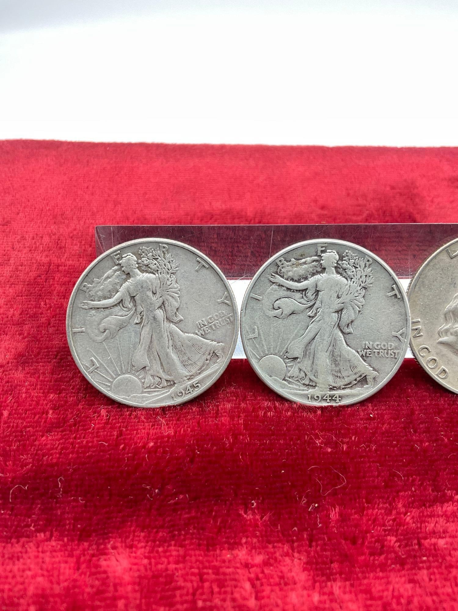 4x Silver half dollar US coins, 2x Franklin and 2x Walking Liberty - 2