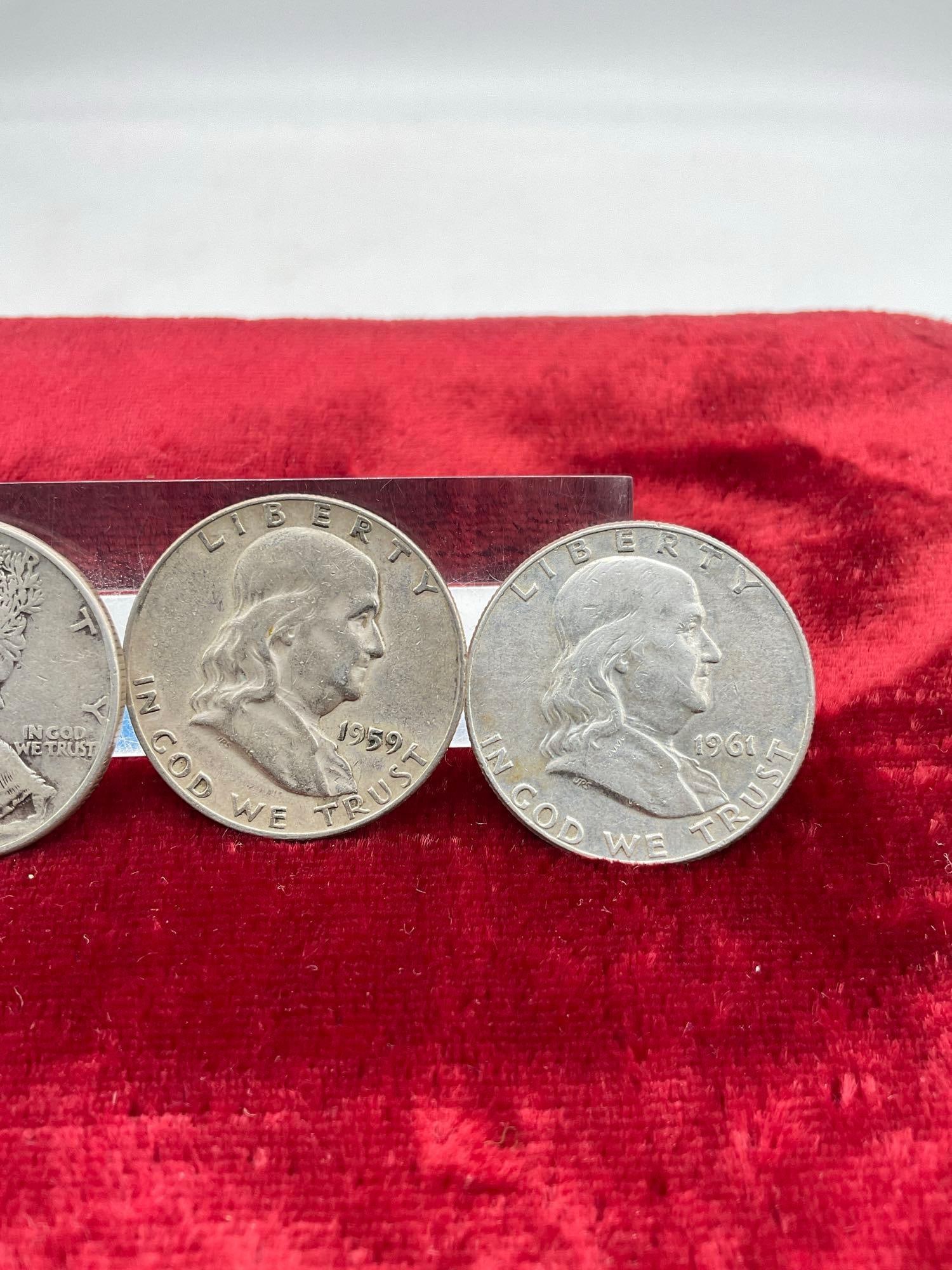 4x Silver half dollar US coins, 2x Franklin and 2x Walking Liberty - 3