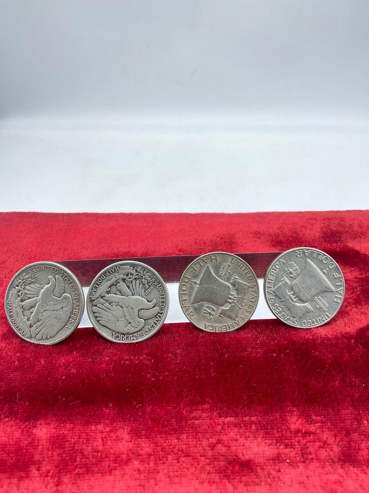 4x Silver half dollar US coins, 2x Franklin and 2x Walking Liberty - 4