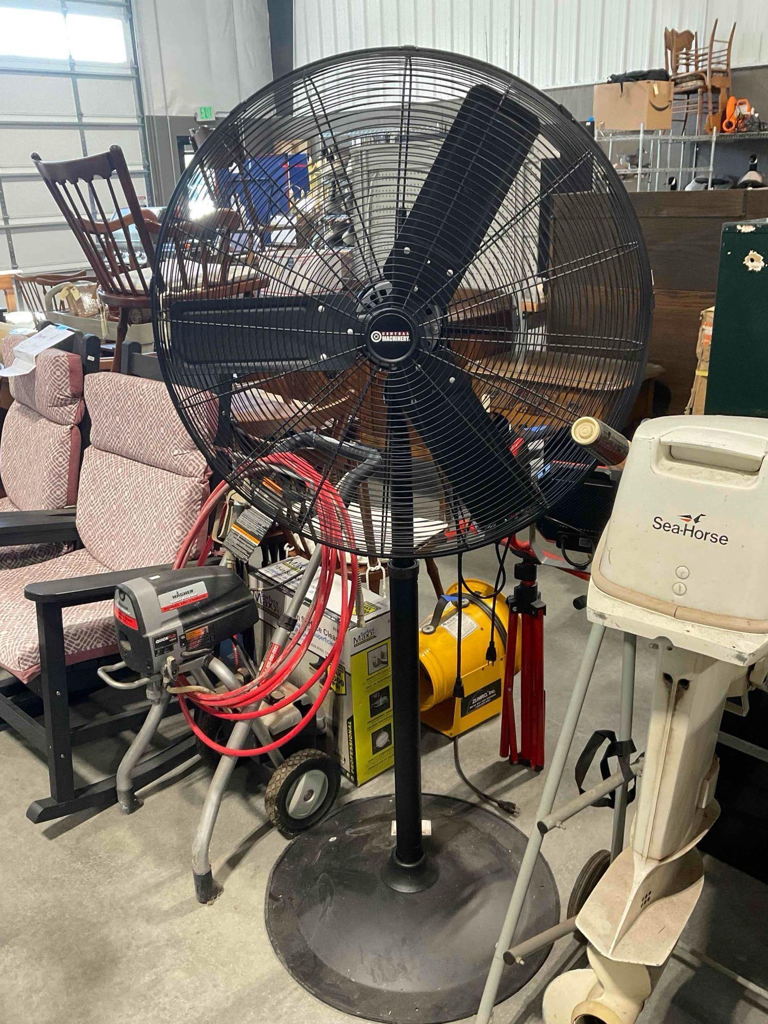 CentralMachinery 30" Pedestal Shop Fan. Tested, Works. Very Good Condition. See pics.: CentralMachinery 30" Pedestal Shop Fan. Tested, Works. Very Good Condition. Measures 30" x 26" x 67" DM-5600 *Freight Required if shipped, Buyer Arranged/Responsibility*