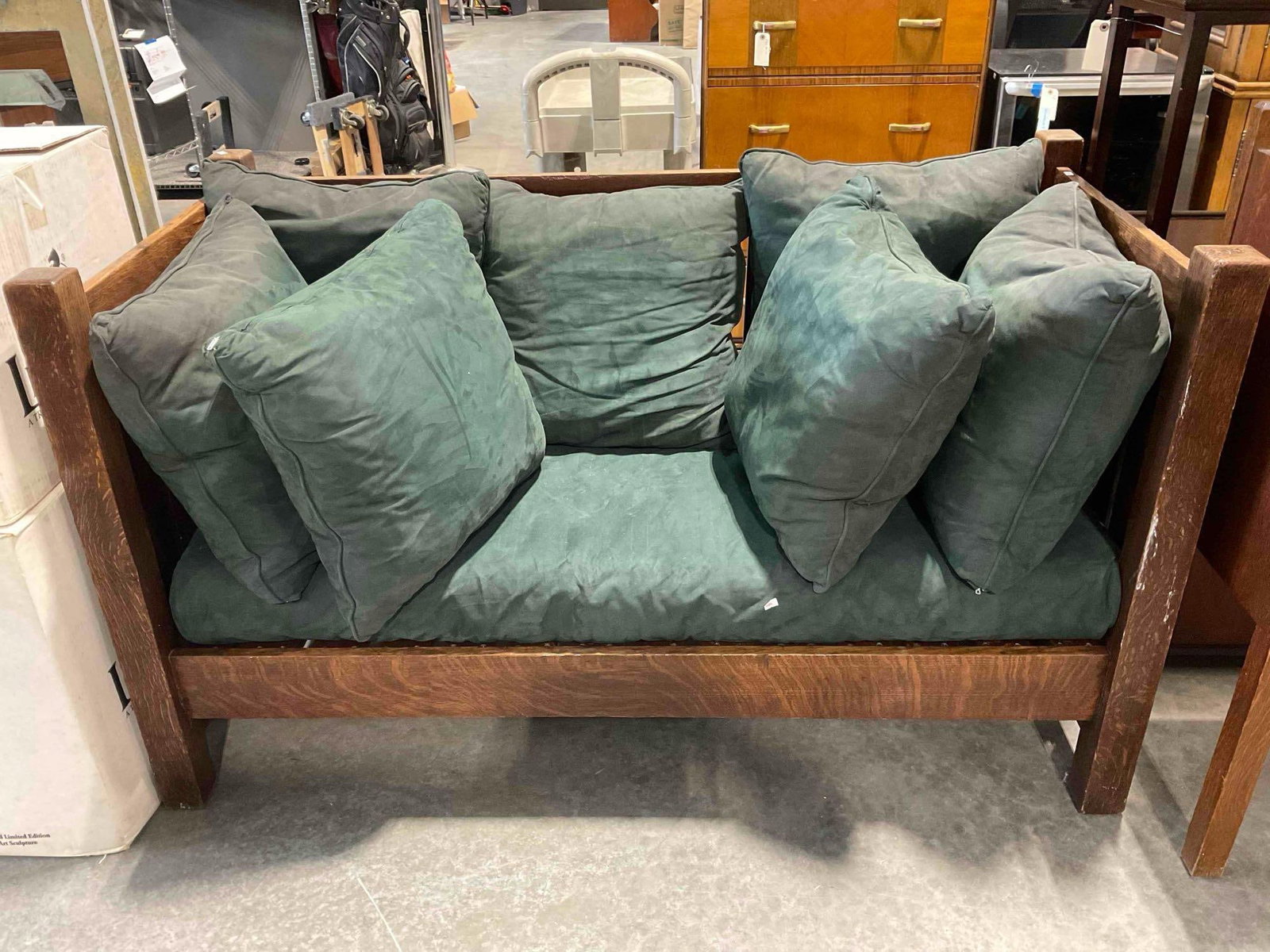 Antique Arts & Crafts Style Quarter Sawn Oak Settle Sofa w/ Green Cushions. Very Good Cond. (1 of 7)