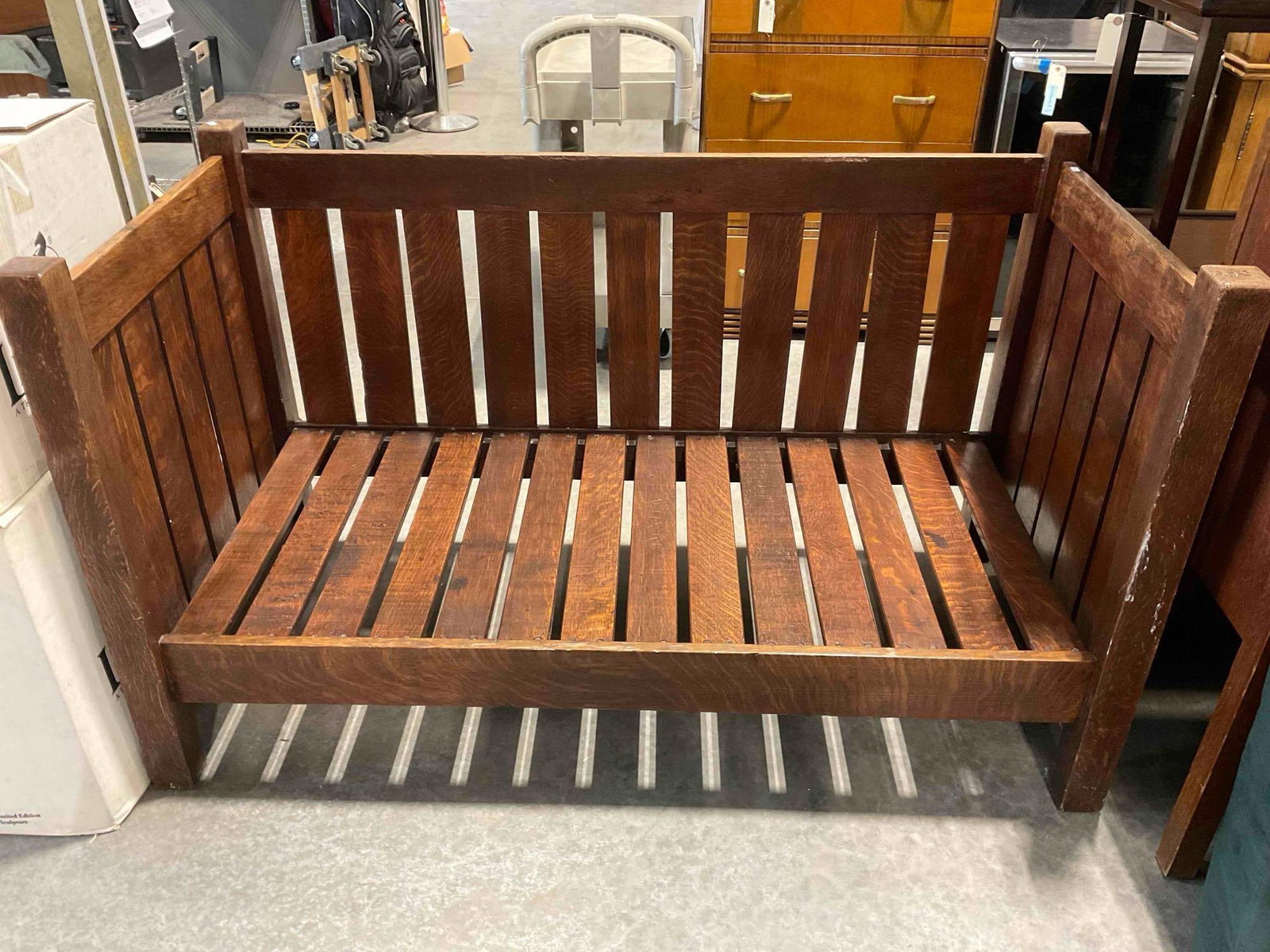 Antique Arts & Crafts Style Quarter Sawn Oak Settle Sofa w/ Green Cushions. Very Good Cond. - 6