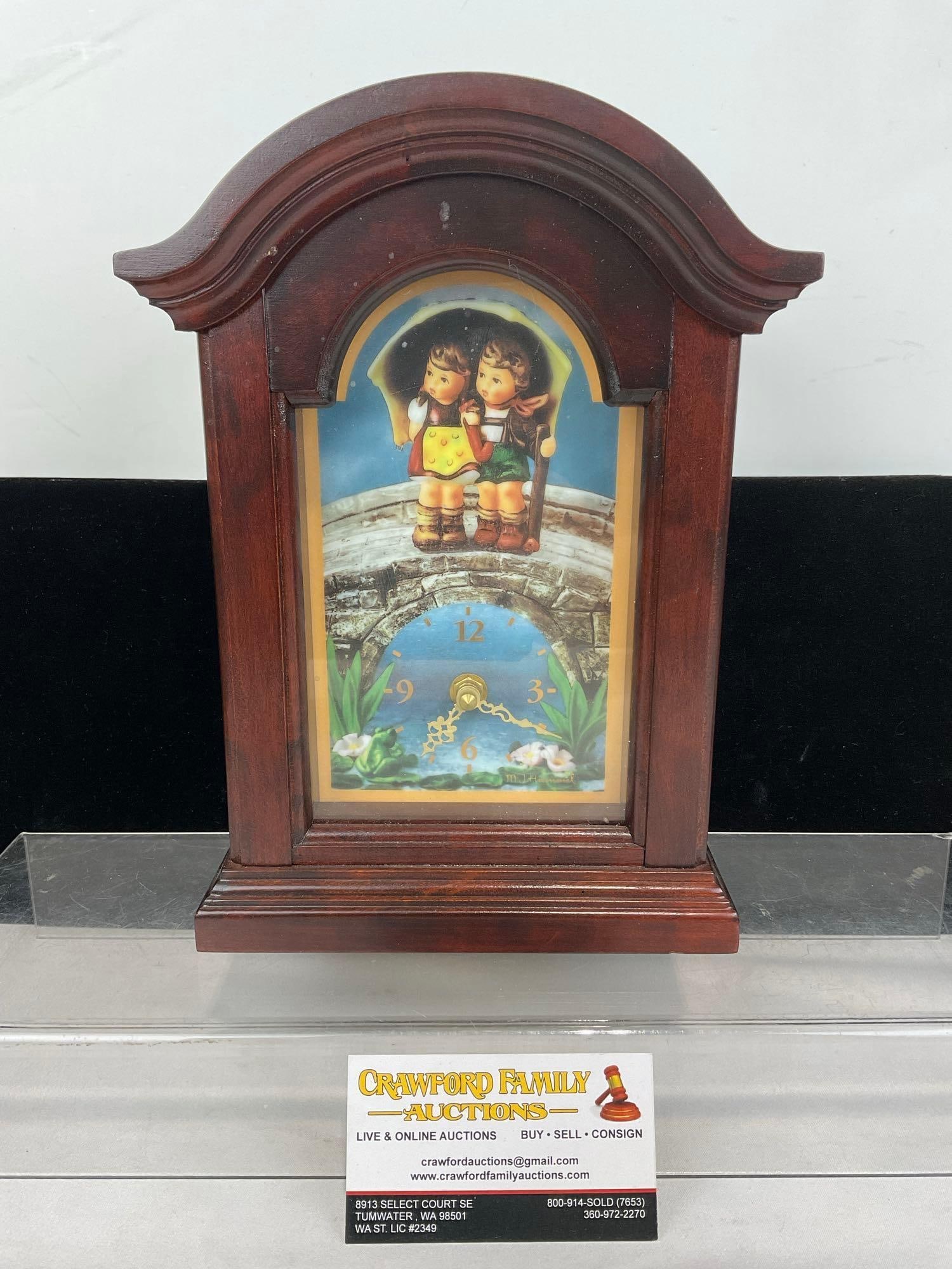 Vintage 1991 The M.I. Hummel Stormy Weather Mantel Clock, The Danbury Mint, 11h x 9w x 5d inches: Appears to be in good shape. The piece measures approx 11h x 9w x 5d inches. See pics. E-5780