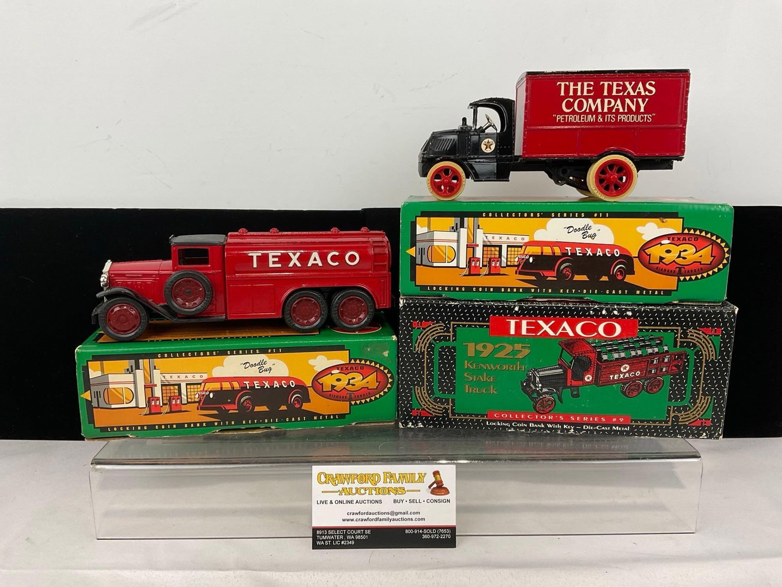5 Texaco Car Model Coin Banks, 30 2.5 Ton, Mack 25 Bulldog, 2 1934 Doodle Bug & 1925 Kenworth Stake: 2 without the box. Appears to be in good shape. The piece measures approx 9h x 7w x 9d inches. See pics. E-5780
