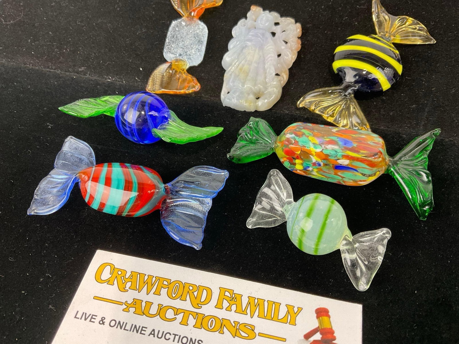 6 Art Glass Candy pieces & Purple Jade Carved Buddha Figure, many colors - 2