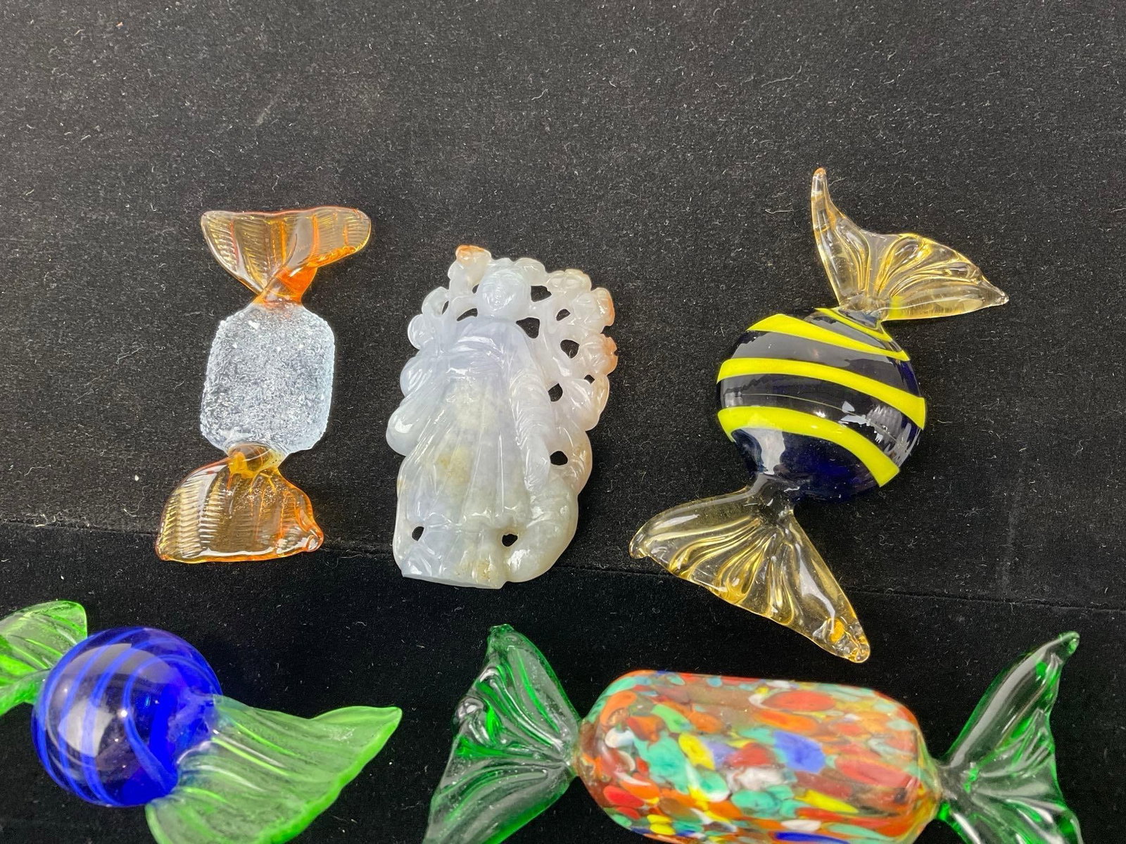 6 Art Glass Candy pieces & Purple Jade Carved Buddha Figure, many colors - 3