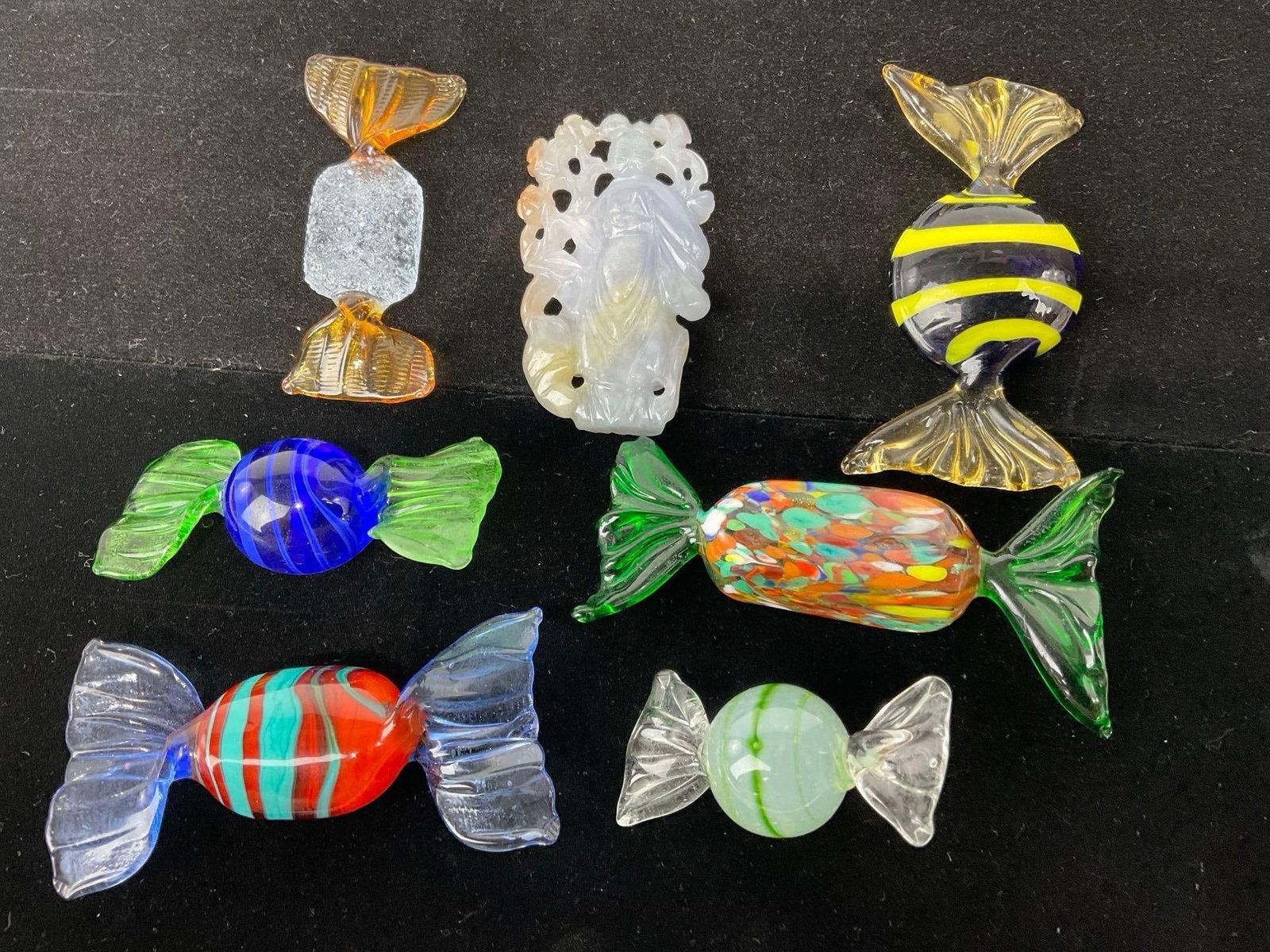 6 Art Glass Candy pieces & Purple Jade Carved Buddha Figure, many colors - 4