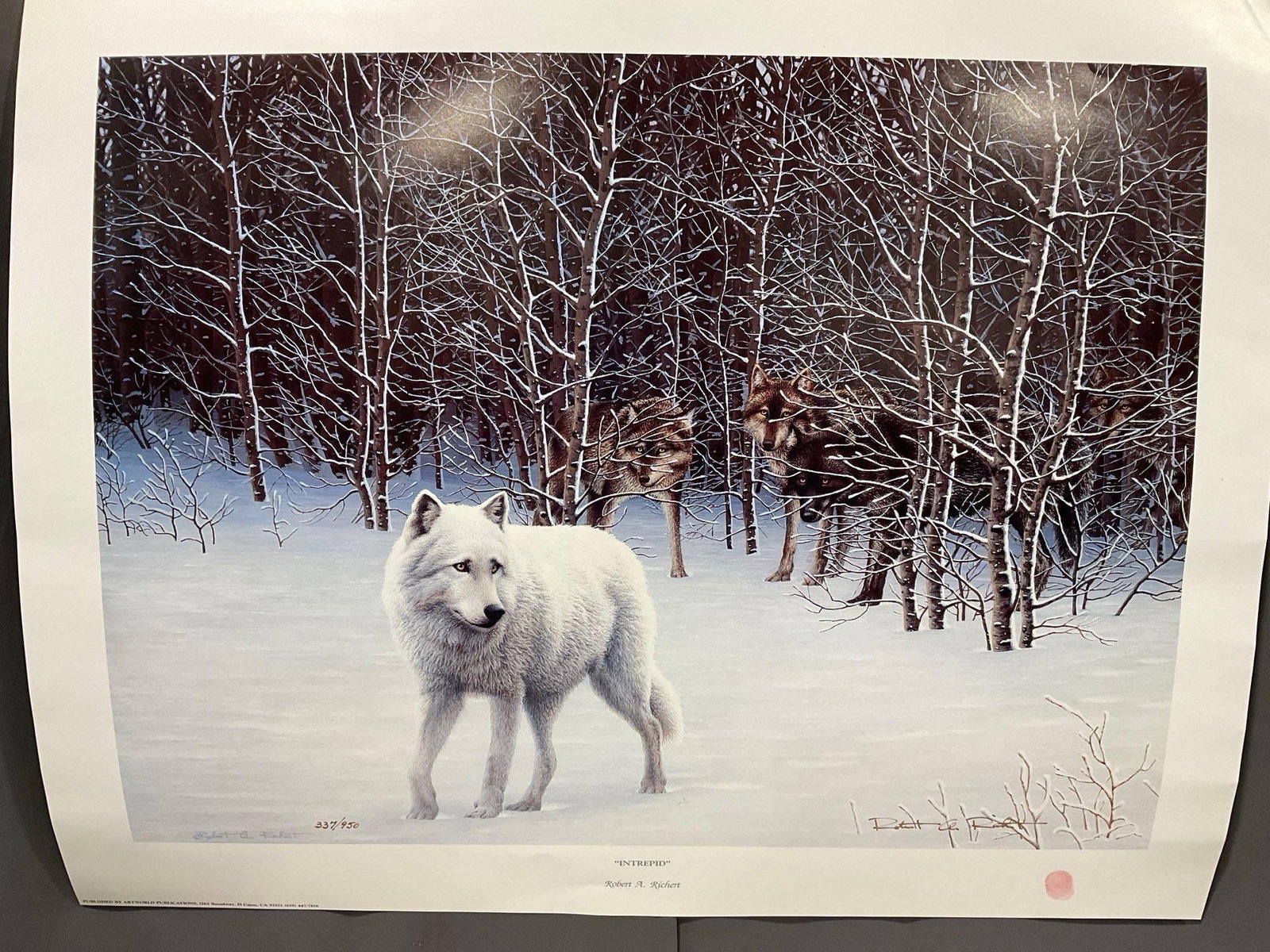 Signed & #d 337/950 Print, titled Intrepid by Robert A. Richert, 26h x 33w x 2d inches: Appears to be in good shape. The pieces fit in a box that measures 26h x 33w x 2d inches. See pics. E-4970