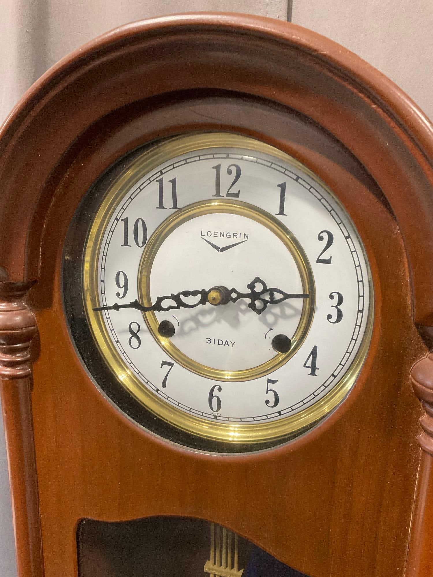 Loengrin 31 Day Wall Time Strike Clock, Regulator Pendulum, 27h x 14w x 7d inches - 2