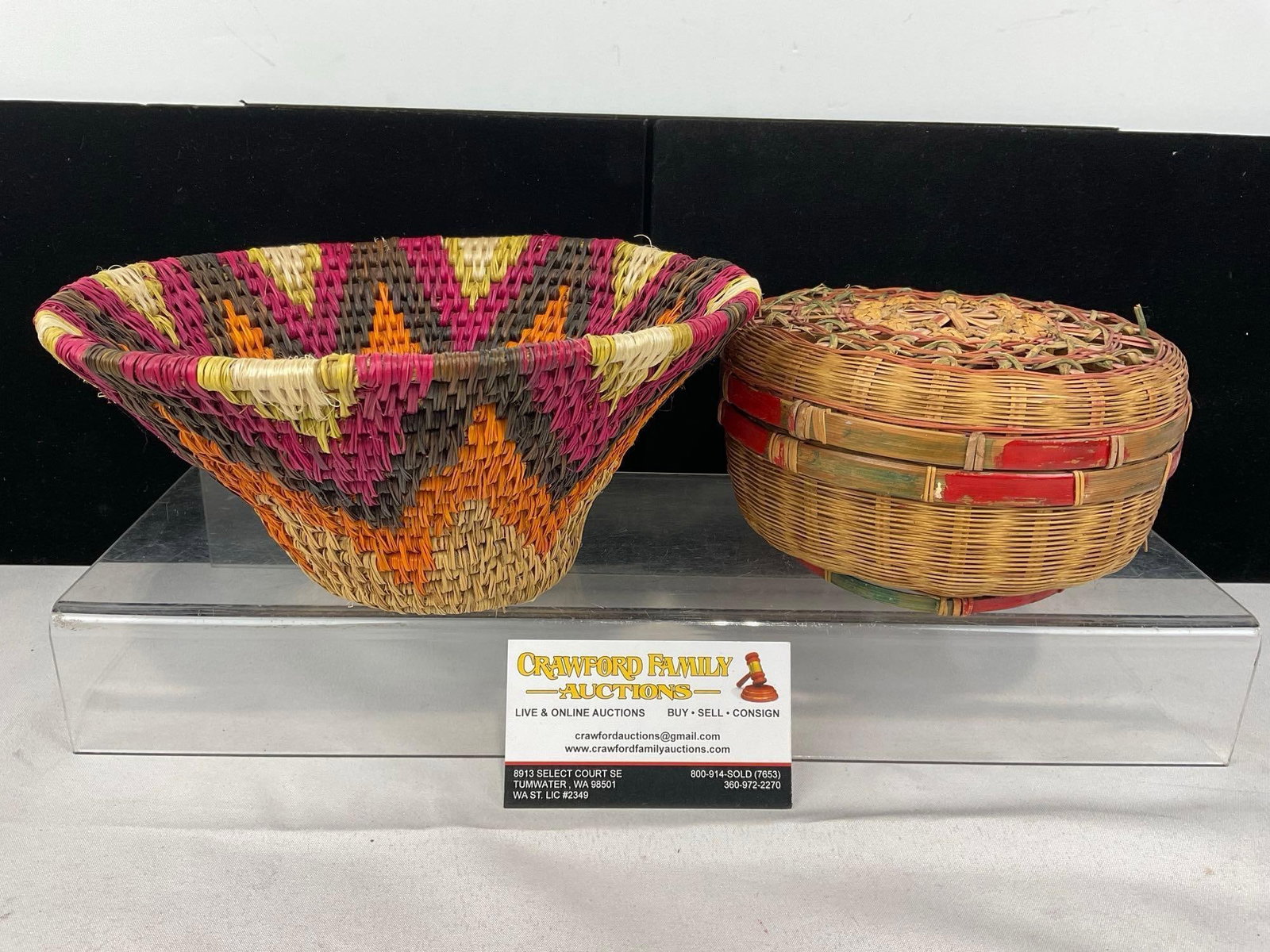 Pair of Handwoven Baskets, African Dyed style & Native American style Woven Reeds, 6x9x9 inches: Appears to be in good shape. The piece measures approx 6h x 9w x 9d inches. See pics. E-414