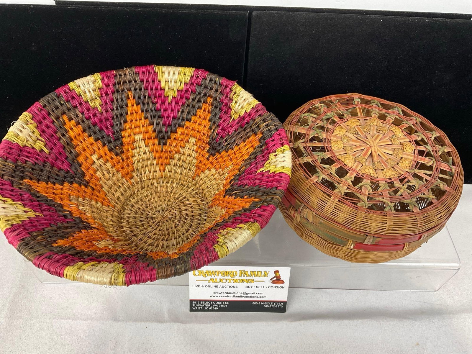Pair of Handwoven Baskets, African Dyed style & Native American style Woven Reeds, 6x9x9 inches - 2