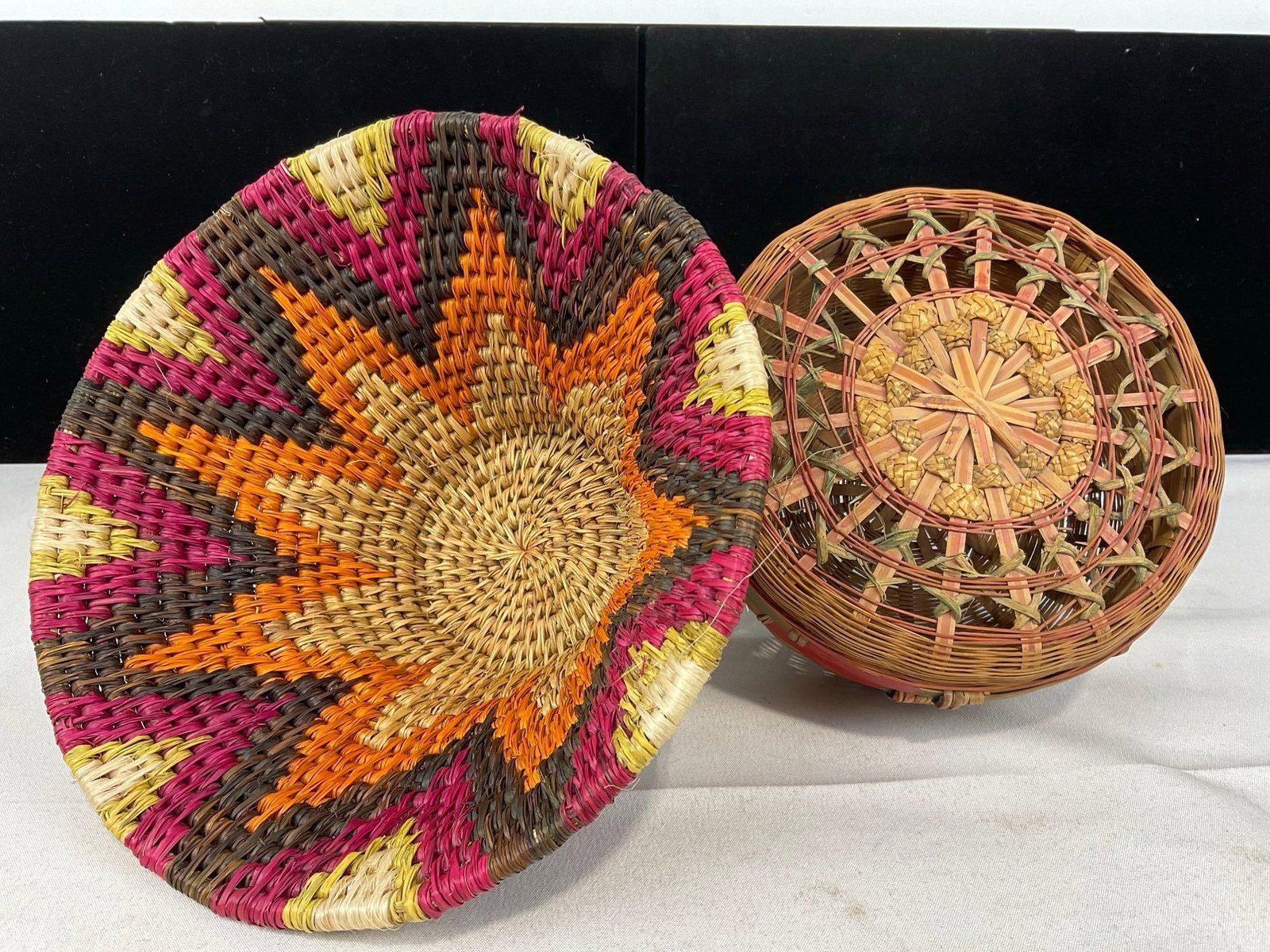 Pair of Handwoven Baskets, African Dyed style & Native American style Woven Reeds, 6x9x9 inches - 3
