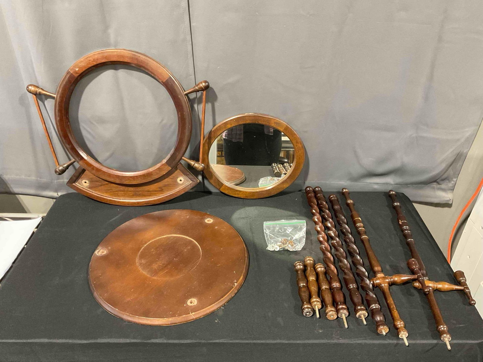 Disassembled Vintage Mahogany Wash Basin Stand w/ Mirror. Looks to be Incomplete. As Is.: Disassembled Vintage Mahogany Wash Basin Stand w/ Mirror. Looks to be Incomplete. As Is. Has candlestick holders, basin stand, mirror, and many components, unsure if complete. As Is Condition. Handsom