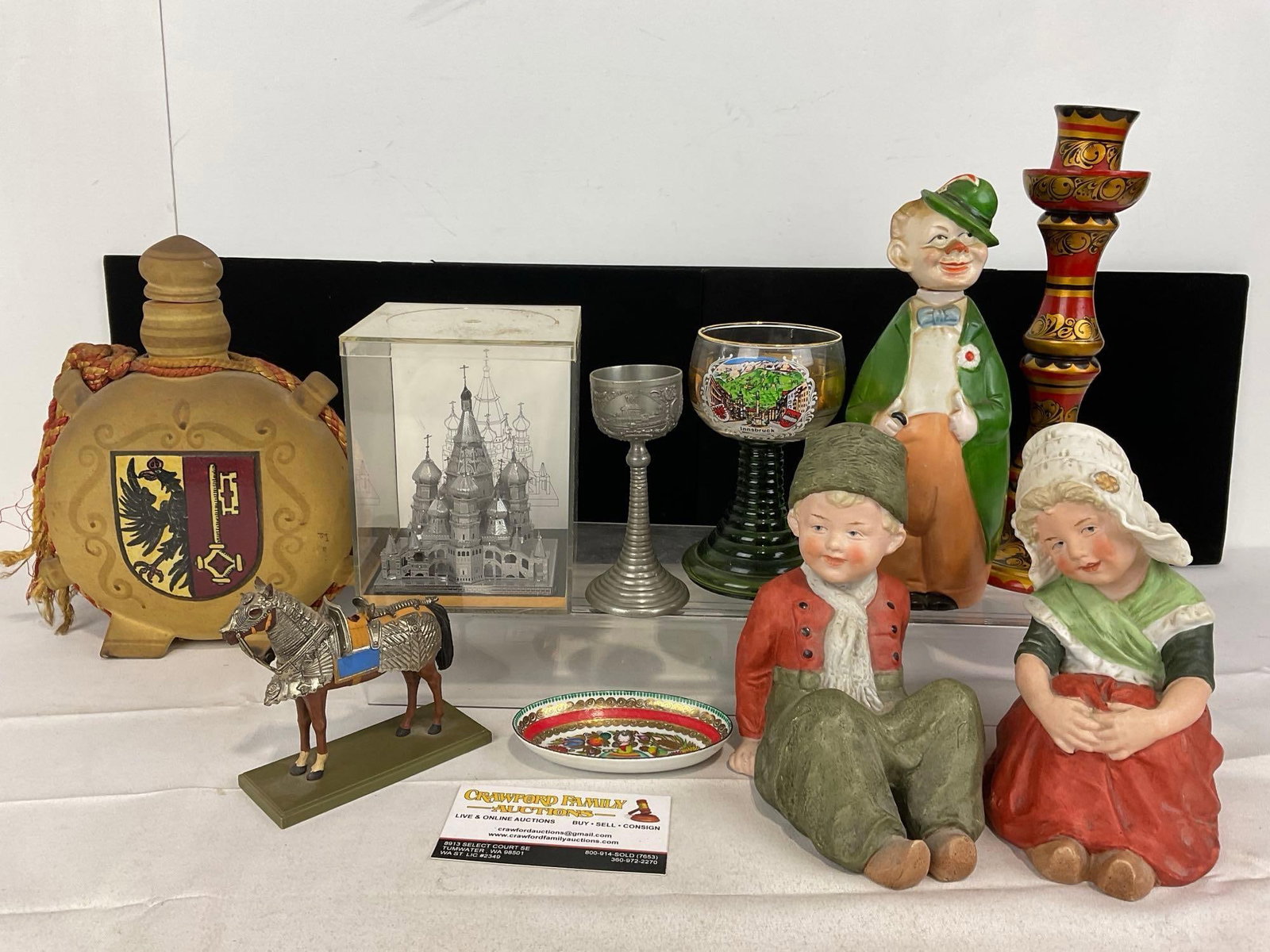 Asst of collectibles, German Flask piece, Pewter Cup, Bisque Porcelain Figures, Horse Figure (1 of 7)