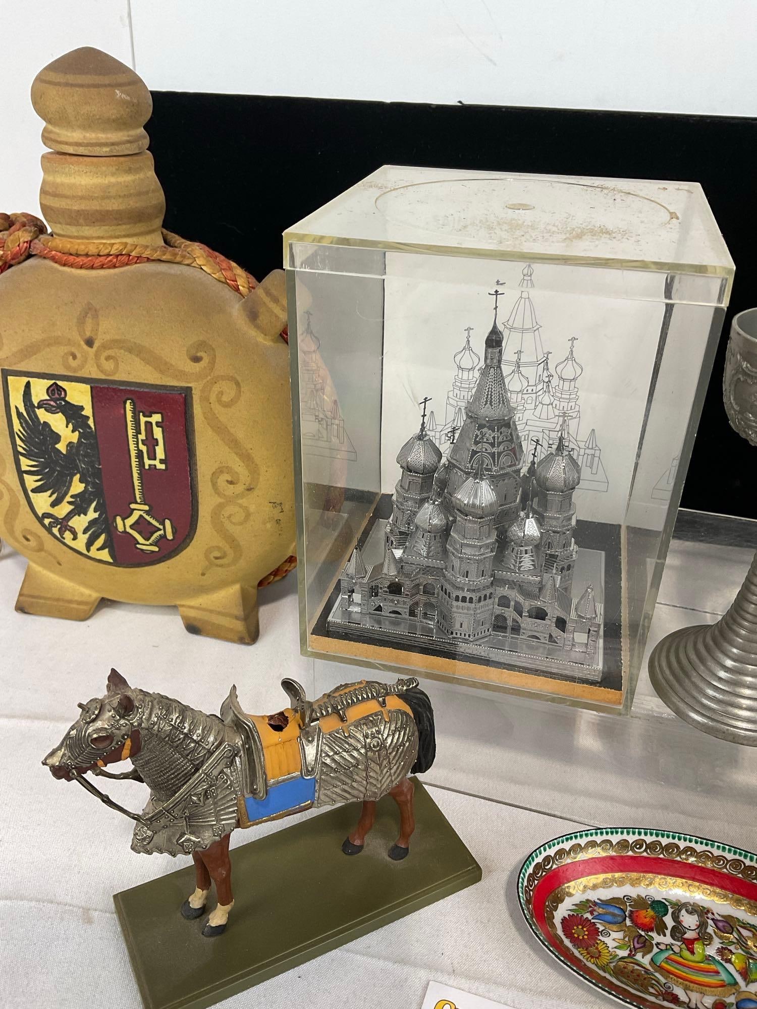 Asst of collectibles, German Flask piece, Pewter Cup, Bisque Porcelain Figures, Horse Figure - 3