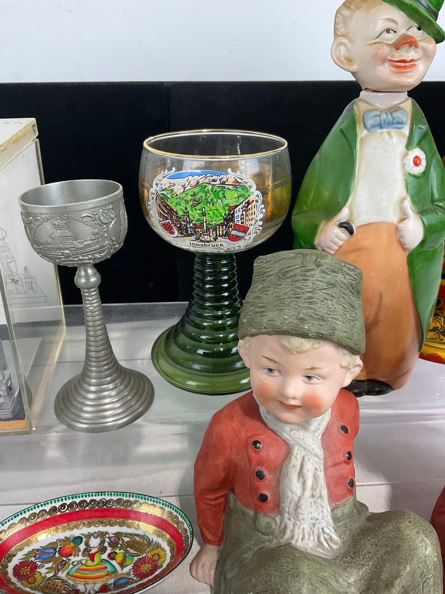 Asst of collectibles, German Flask piece, Pewter Cup, Bisque Porcelain Figures, Horse Figure - 4