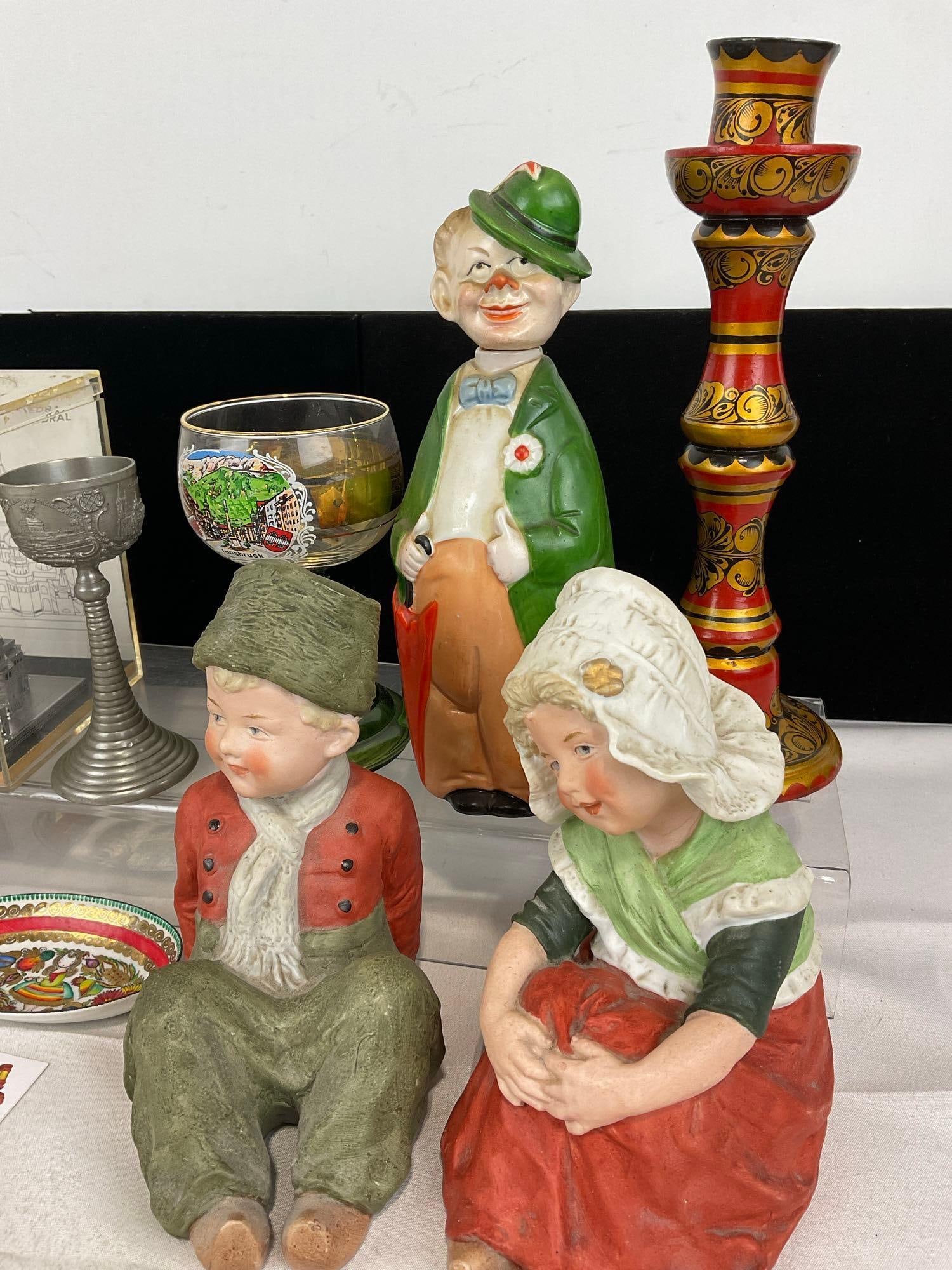 Asst of collectibles, German Flask piece, Pewter Cup, Bisque Porcelain Figures, Horse Figure - 5
