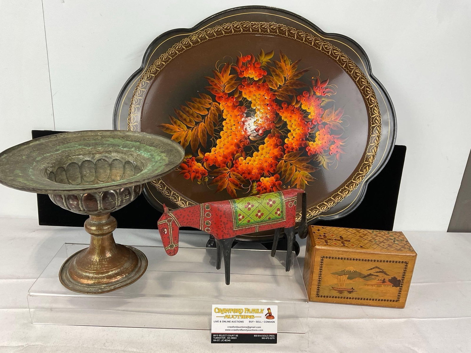 Russian Handpainted Platter, Iranian Copper handmade footed compote, Puzzle Box, & Tin Horse Figure: Appears to be in good shape. The piece measures approx 10h x 19w x 17d inches. See pics. E-5360