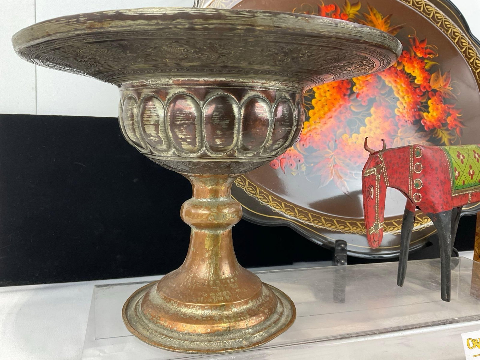 Russian Handpainted Platter, Iranian Copper handmade footed compote, Puzzle Box, & Tin Horse Figure - 2