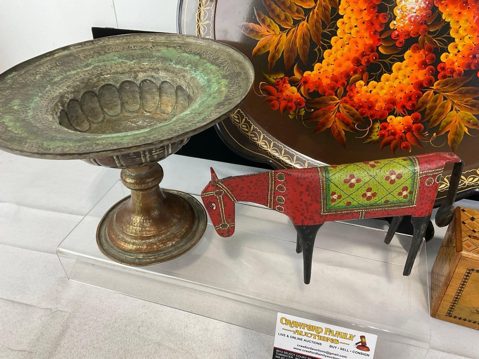 Russian Handpainted Platter, Iranian Copper handmade footed compote, Puzzle Box, & Tin Horse Figure - 3