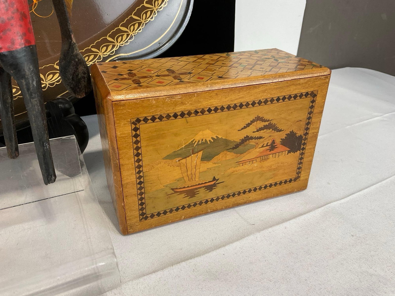 Russian Handpainted Platter, Iranian Copper handmade footed compote, Puzzle Box, & Tin Horse Figure - 4