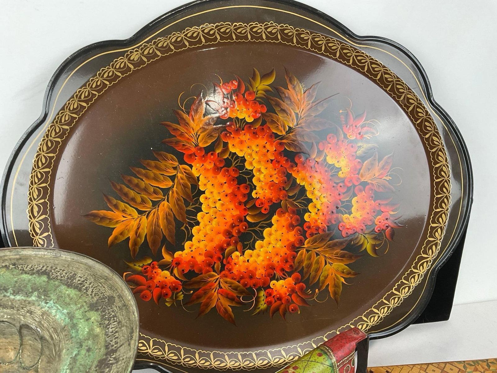 Russian Handpainted Platter, Iranian Copper handmade footed compote, Puzzle Box, & Tin Horse Figure - 5