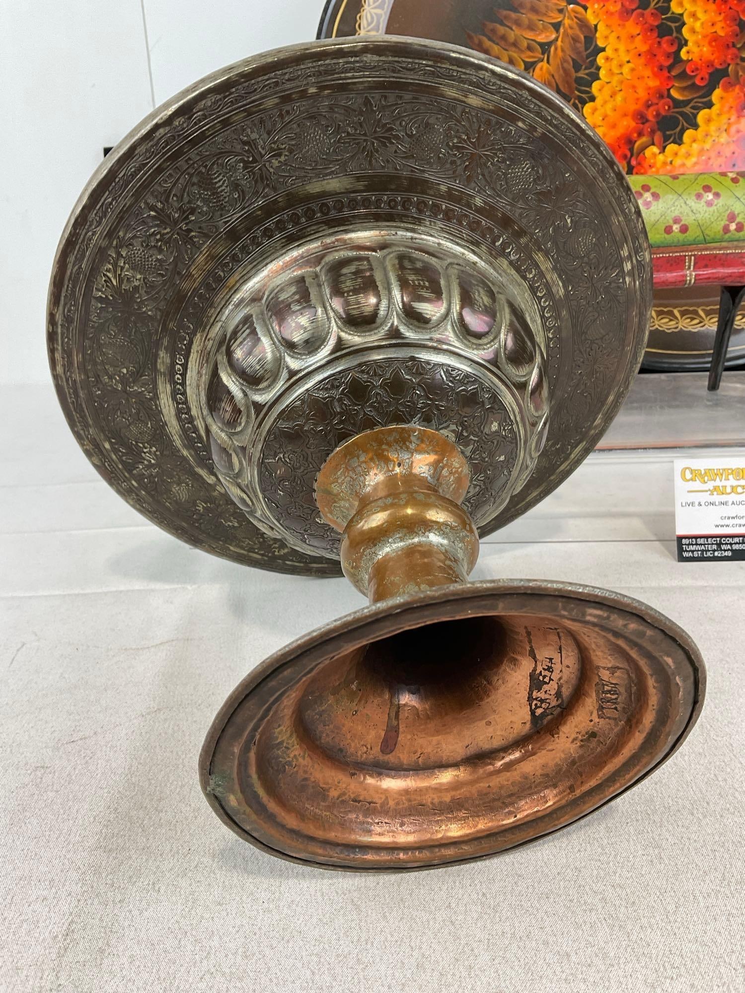 Russian Handpainted Platter, Iranian Copper handmade footed compote, Puzzle Box, & Tin Horse Figure - 6