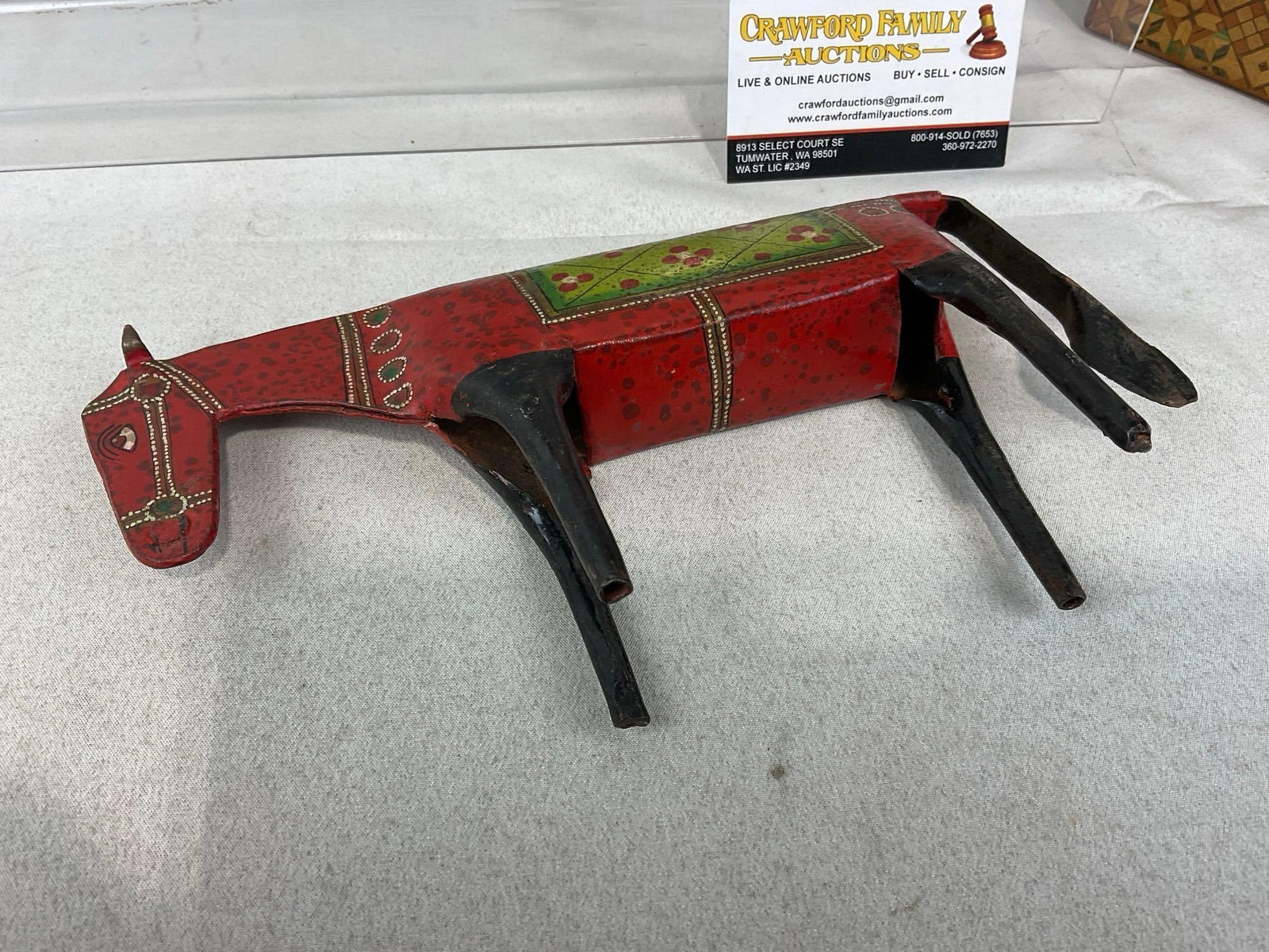 Russian Handpainted Platter, Iranian Copper handmade footed compote, Puzzle Box, & Tin Horse Figure - 8