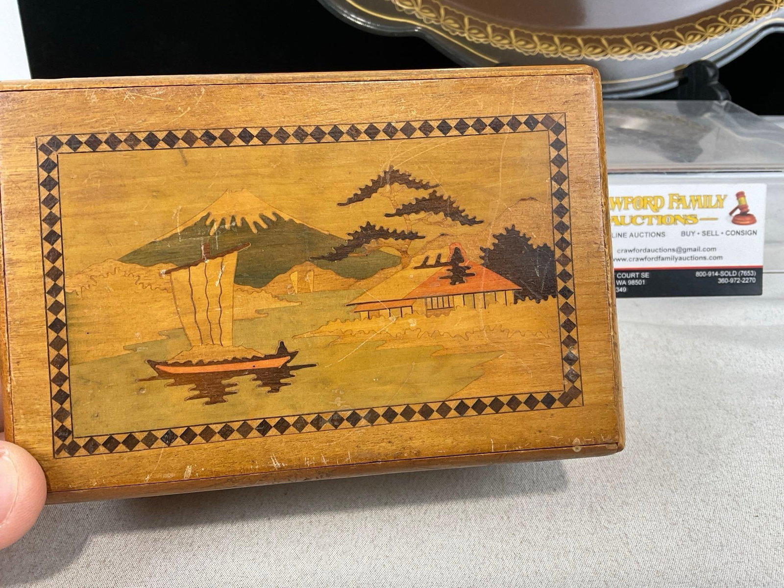 Russian Handpainted Platter, Iranian Copper handmade footed compote, Puzzle Box, & Tin Horse Figure - 9