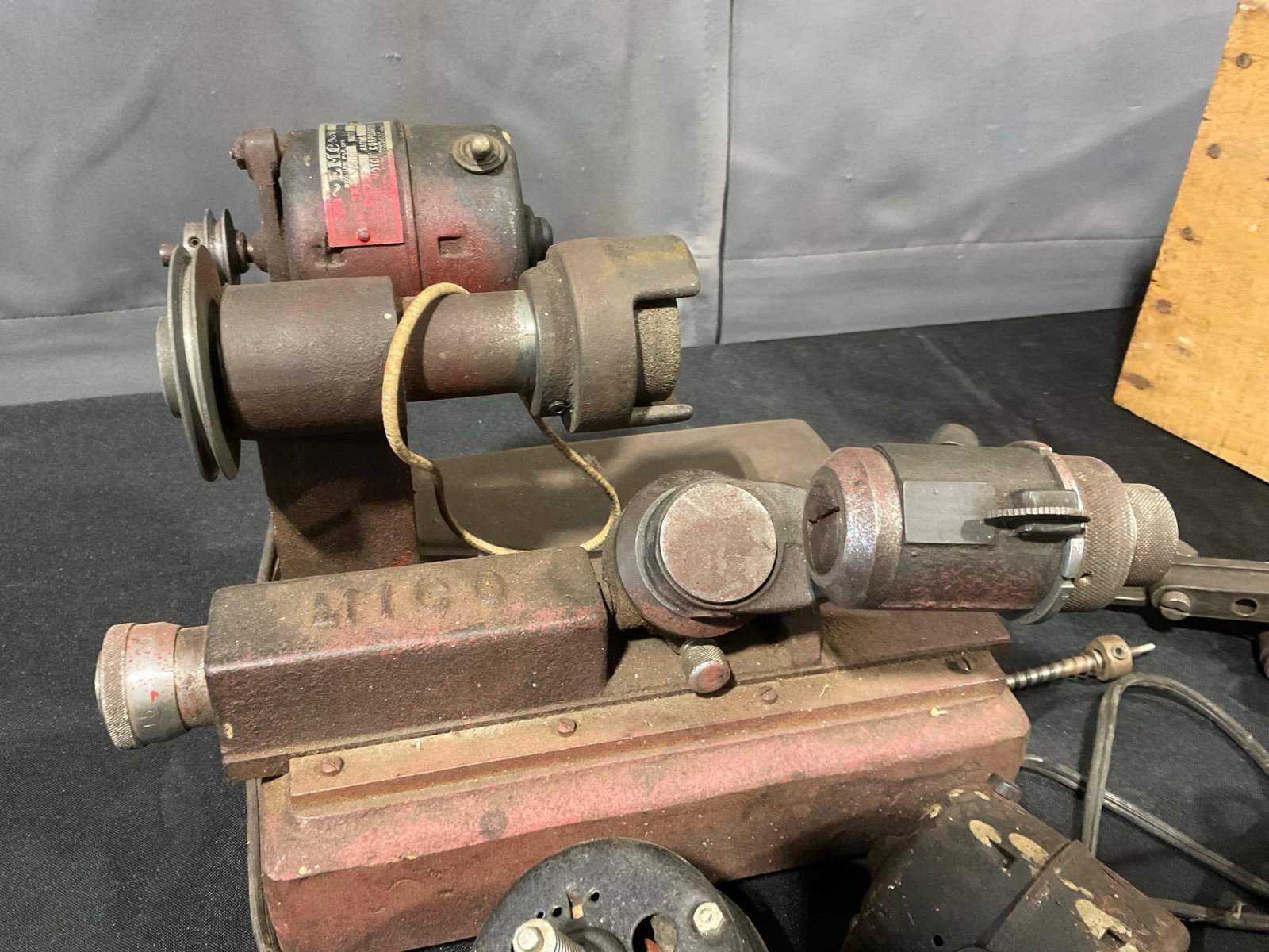 Vintage Automotive Valve Grinder, Pair of Small Motors, & Wood Crate - 3