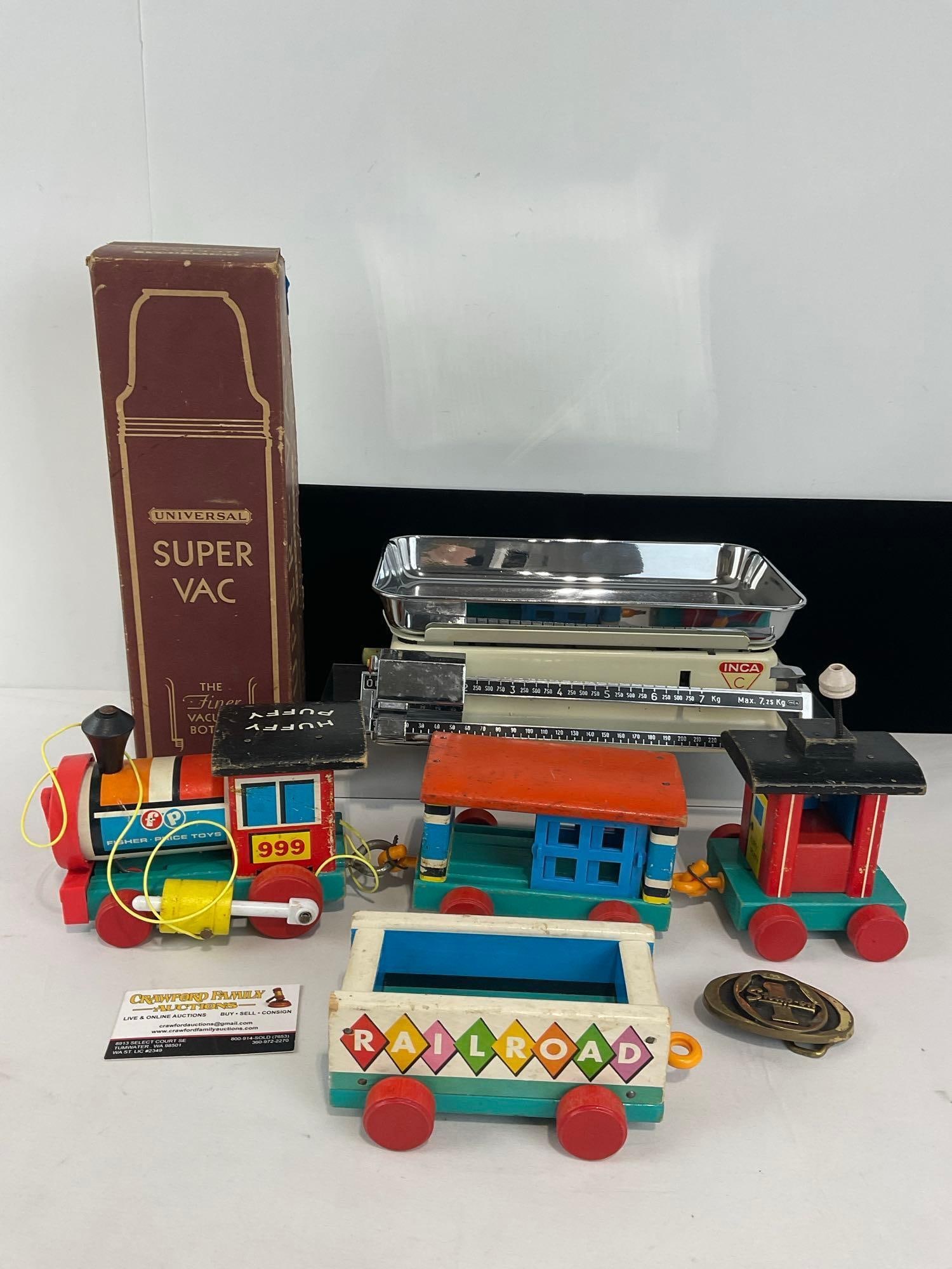 Fisher-Price Huffy Puffy Train, Snapon Buckle, Universal Super Vac Bottle in Box, Swiss Inca Scale: Appears to be in good shape. The pieces fit in a box that measures approx 9h x 19w x 13d inches. See pics. E-414