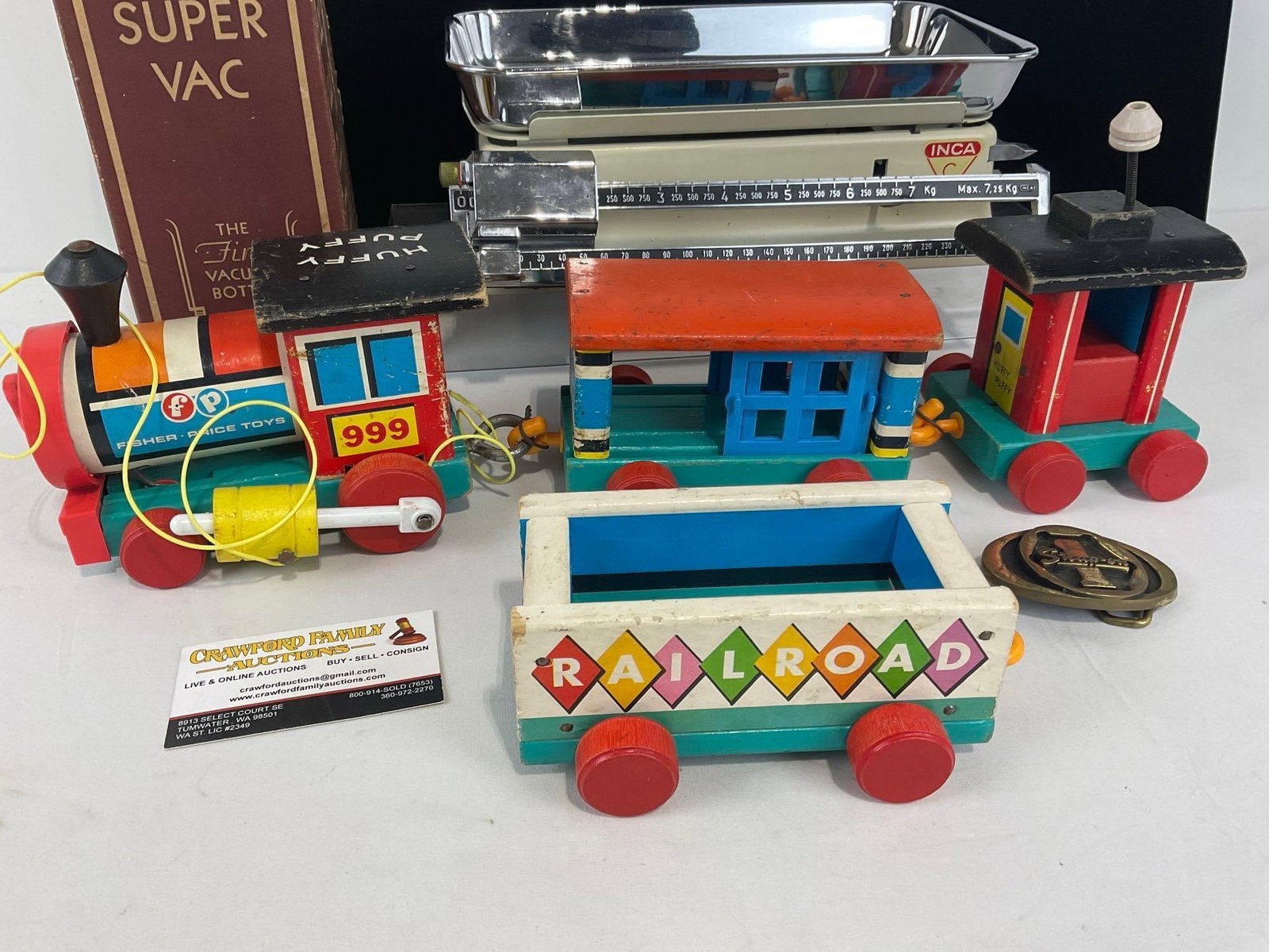 Fisher-Price Huffy Puffy Train, Snapon Buckle, Universal Super Vac Bottle in Box, Swiss Inca Scale - 4